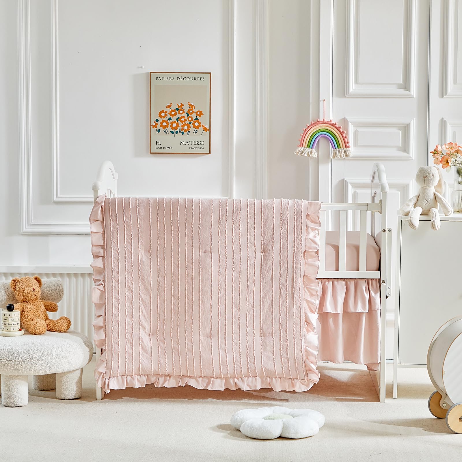 3 Pieces Tufted Stripes Crib Bedding Set with Ruffle Fringe