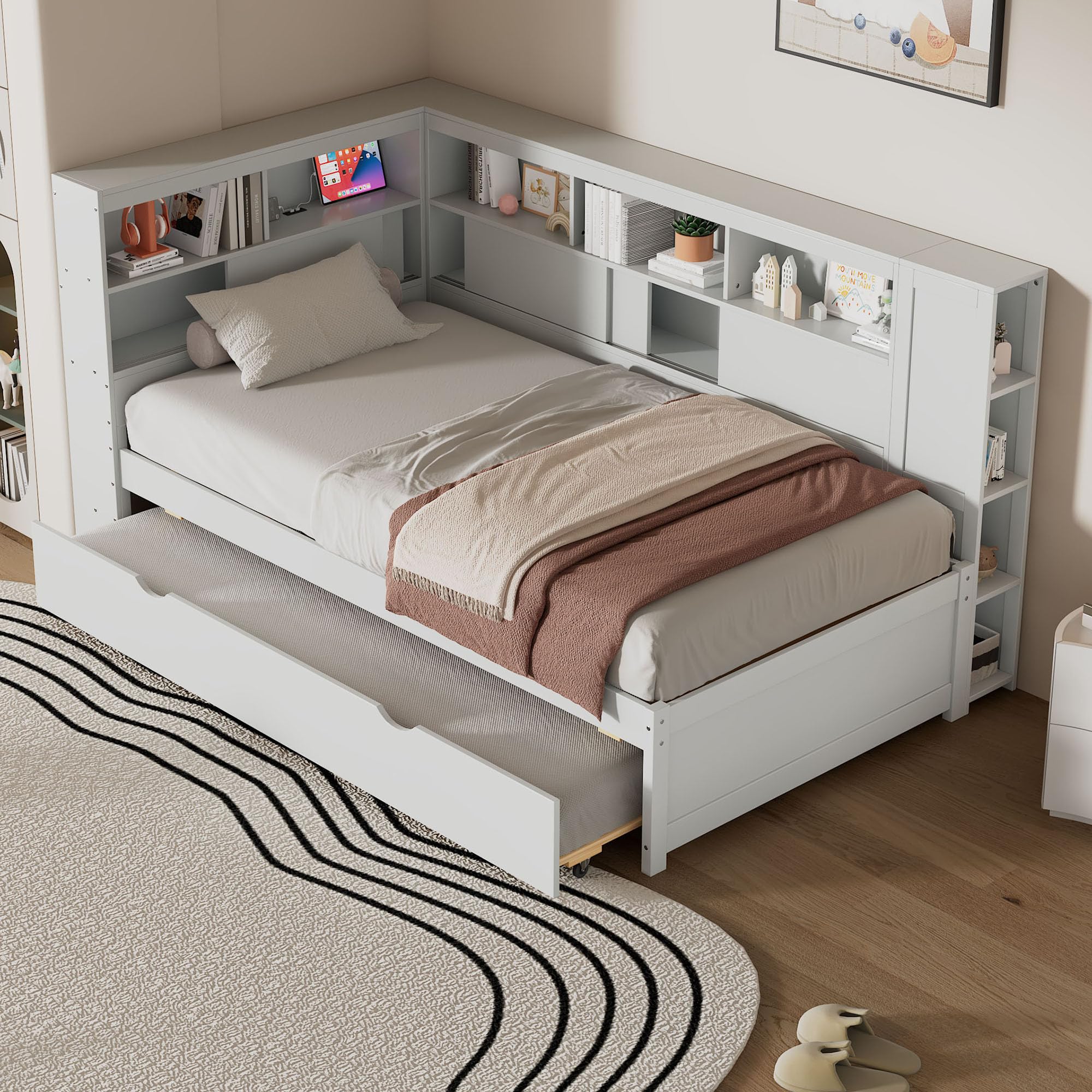 Twin Platform Bed with USB Ports and Trundle