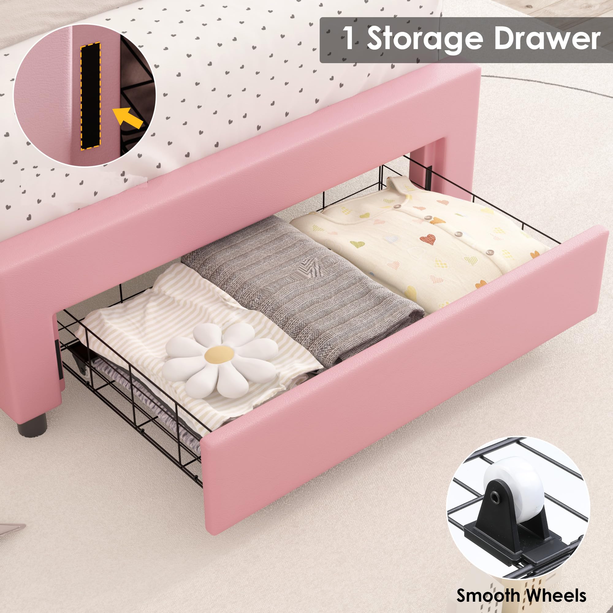 Twin Upholstered LED Bed Frame with Storage Drawer