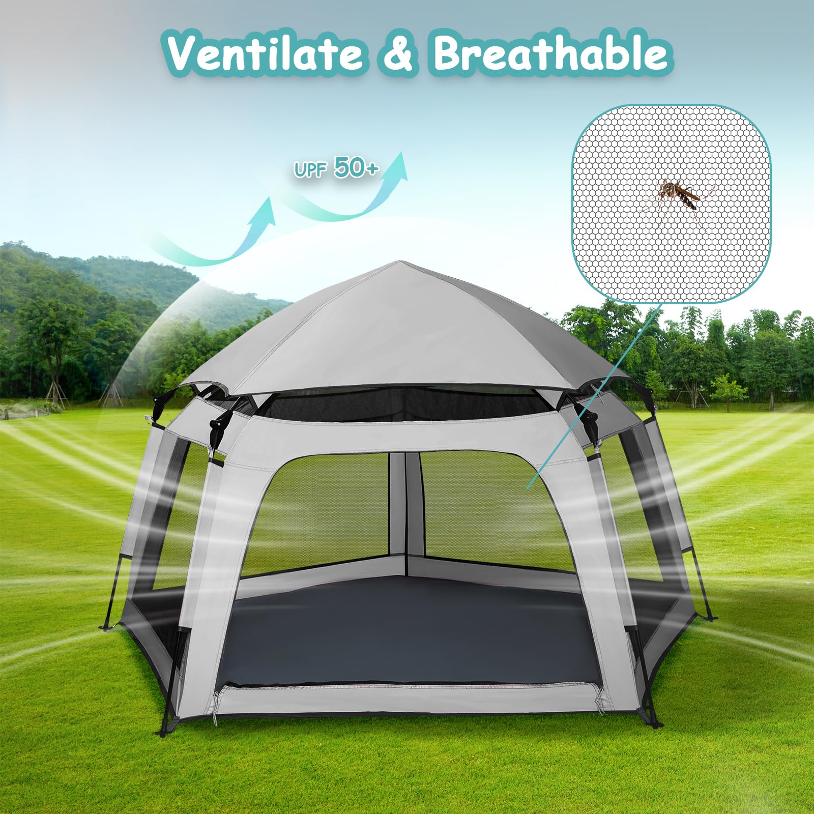 Funsland Baby Playpen Pop-up Tent - Outdoor & Indoor Play Tent for Beach with Canopy Travel Bag Portable Play Yard for Babies & Toddlers (Gray)