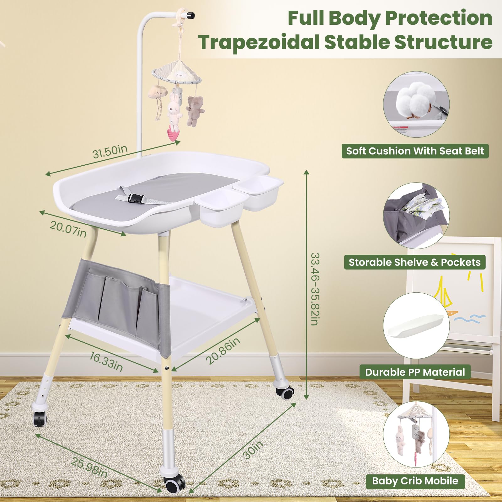 Adjustable Height Baby Changing Table with Mobile