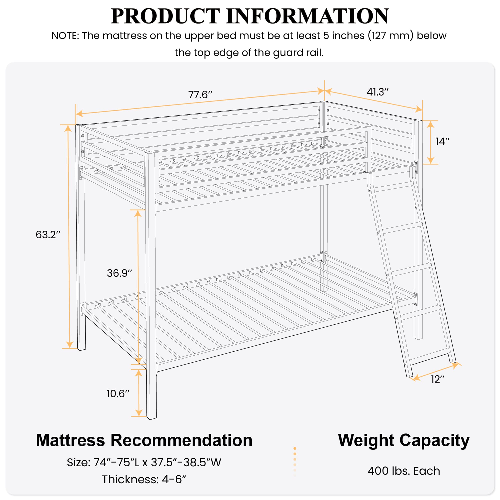 Twin Over Twin Metal Bunk Bed with Ladder and Guardrail
