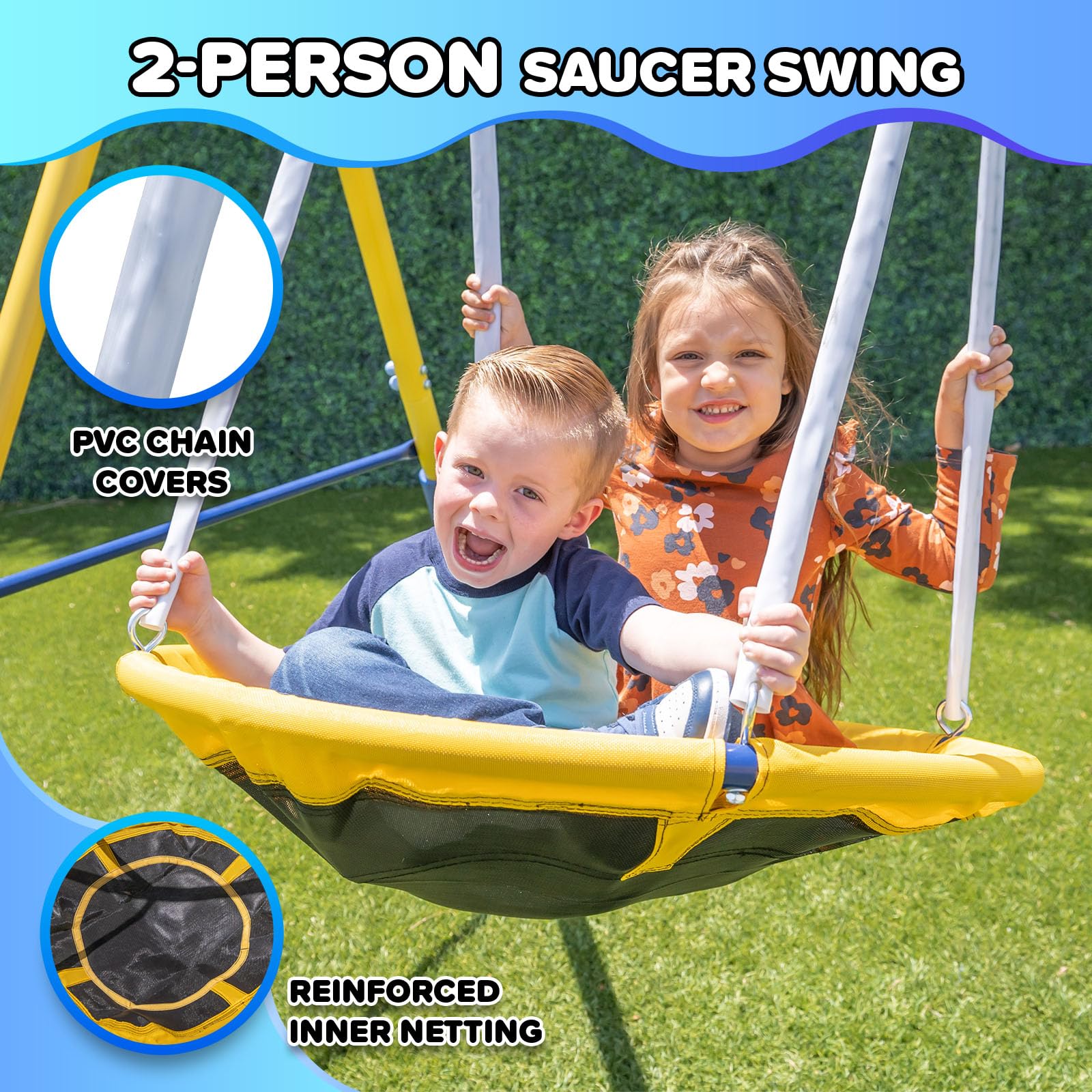 Metal Swing Set with LED Swings, Saucer Swing & 5ft Slide