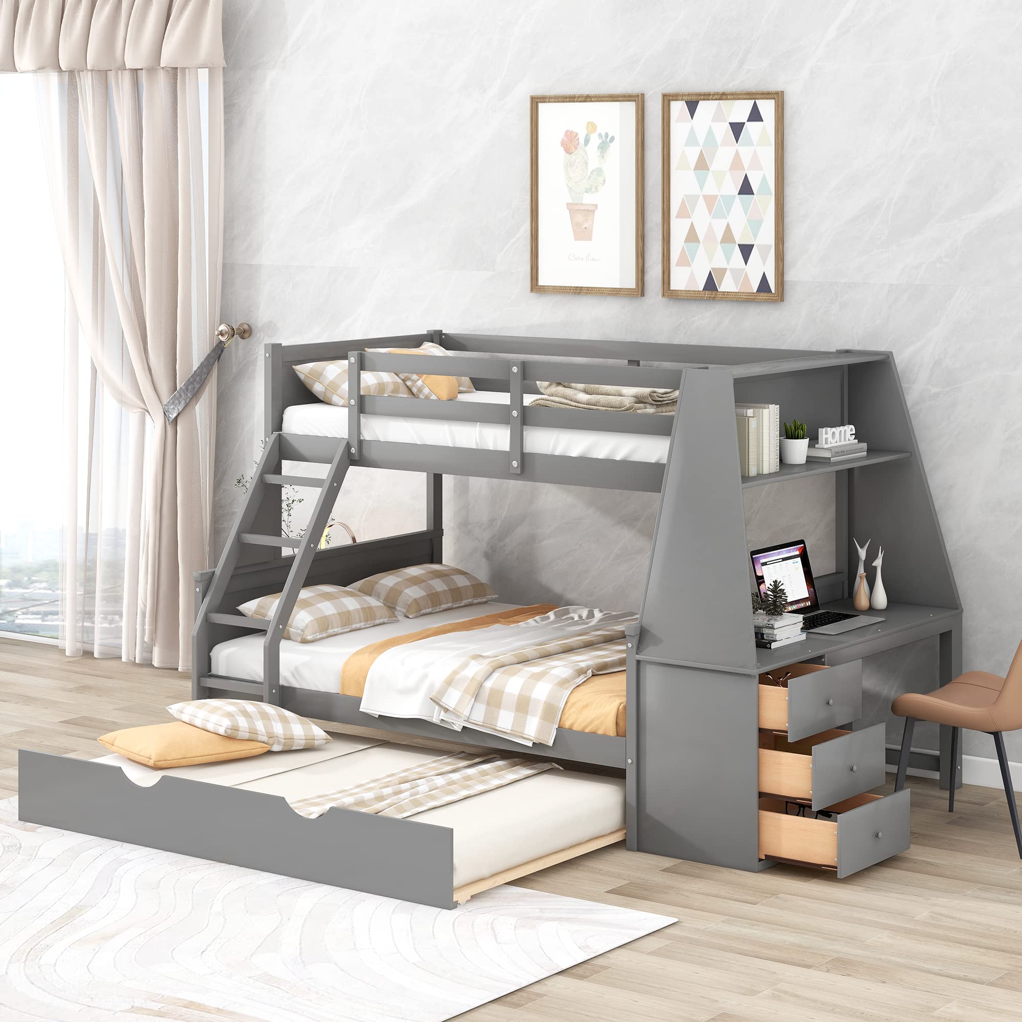 Twin Over Full Bunk Bed with Trundle and Built-in Desk