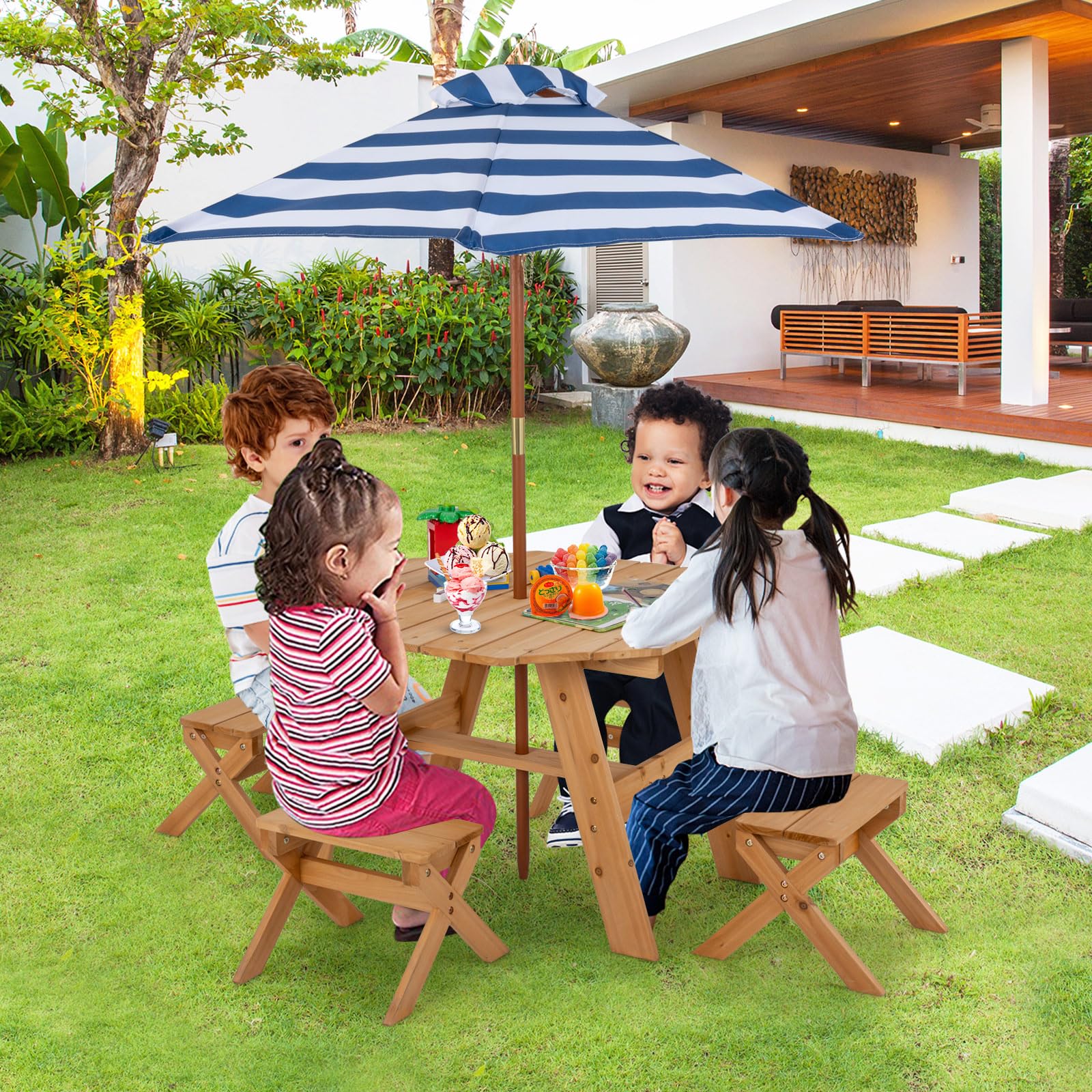 Kids Outdoor Picnic Table Set with Umbrella and 4 Stools