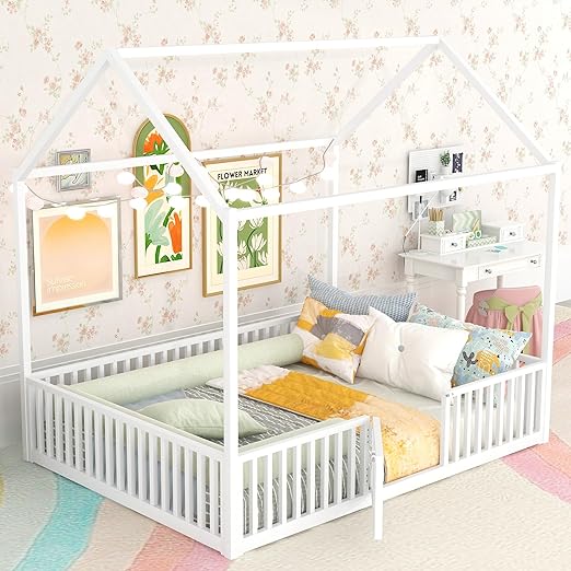 Full Floor Bed with Door, Fence and Roof, Heavy Duty Metal Montessori Bed Full Size