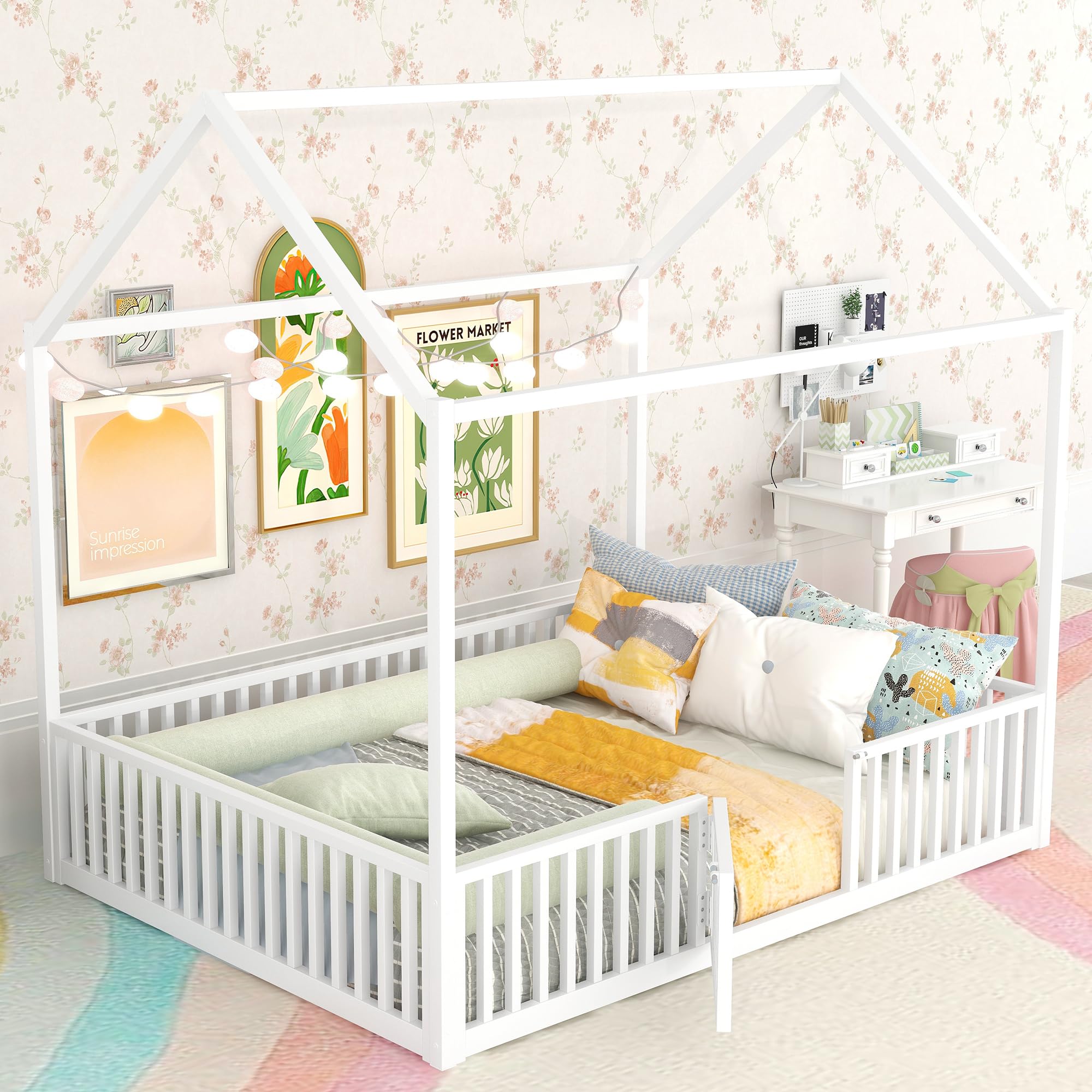 Full Size Floor Bed with Door and Fence, Metal Montessori Bed