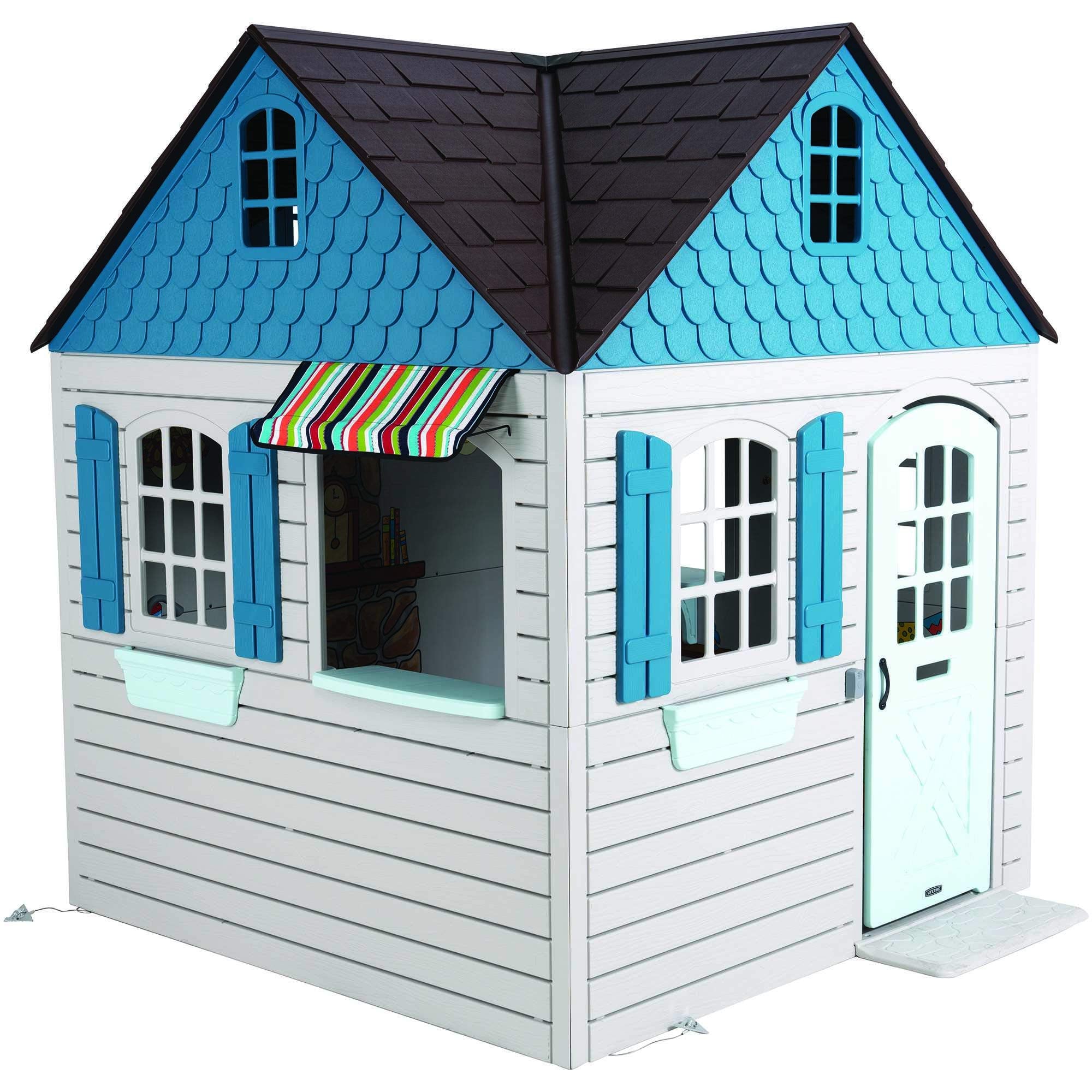 Heavy Duty Plastic Outdoor Playhouse, 6ft x 6ft x 7 ft Tall, Beige & Blue