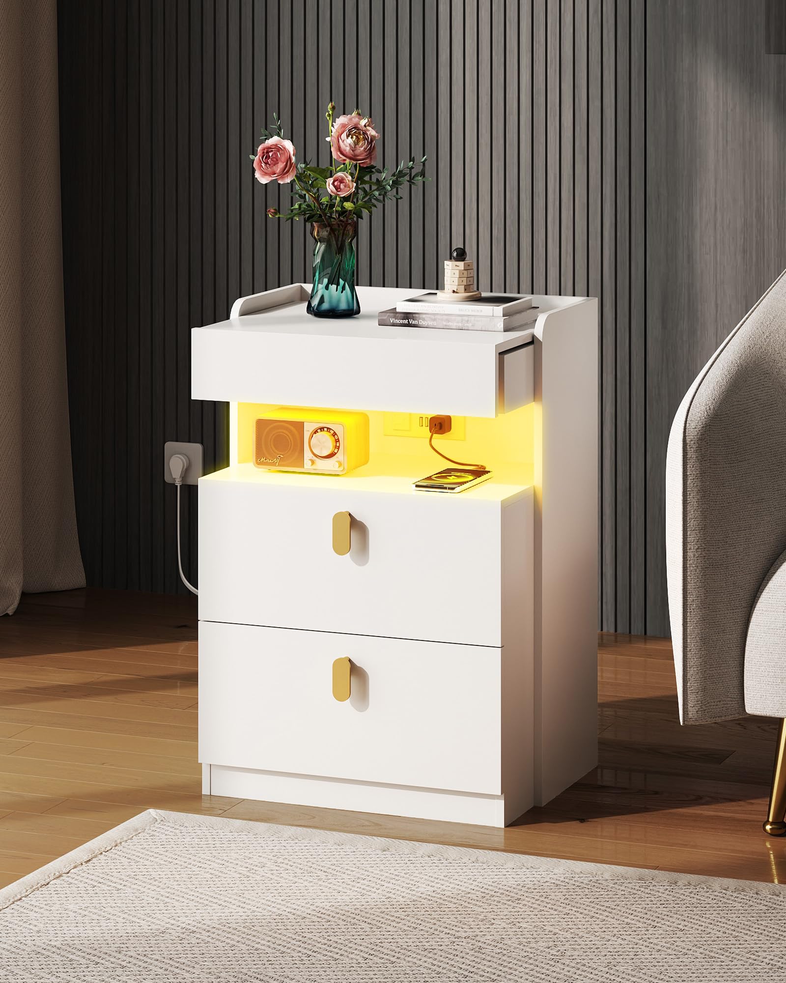 LED Nightstand with Charging Station and Drawers