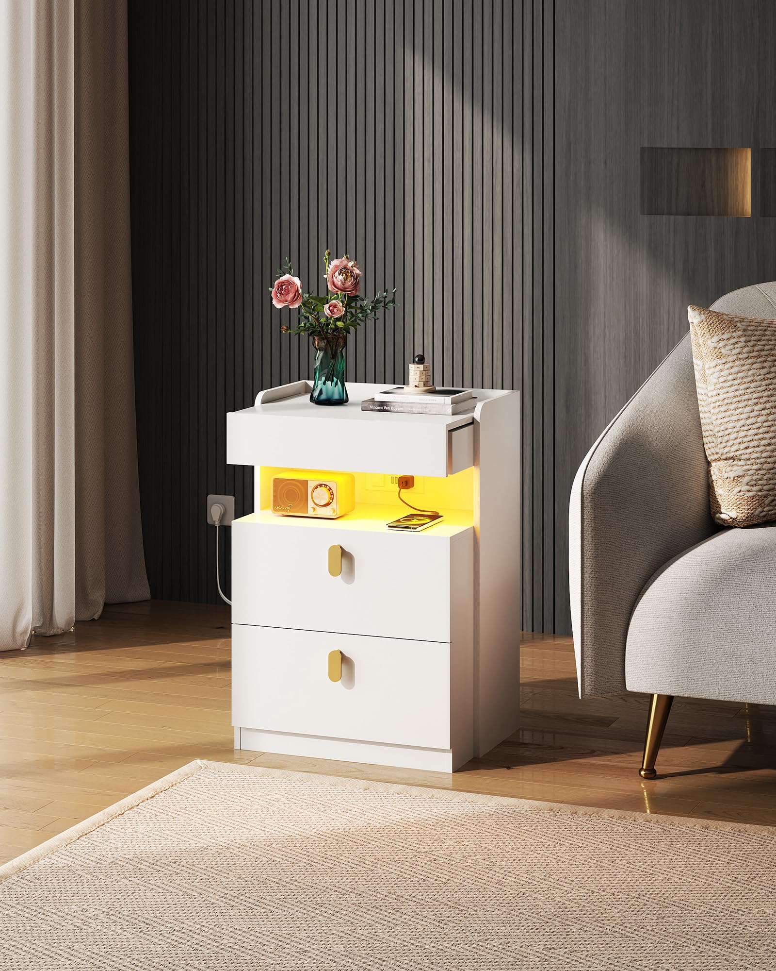 White LED Nightstands Set of 2, Modern Night Stand