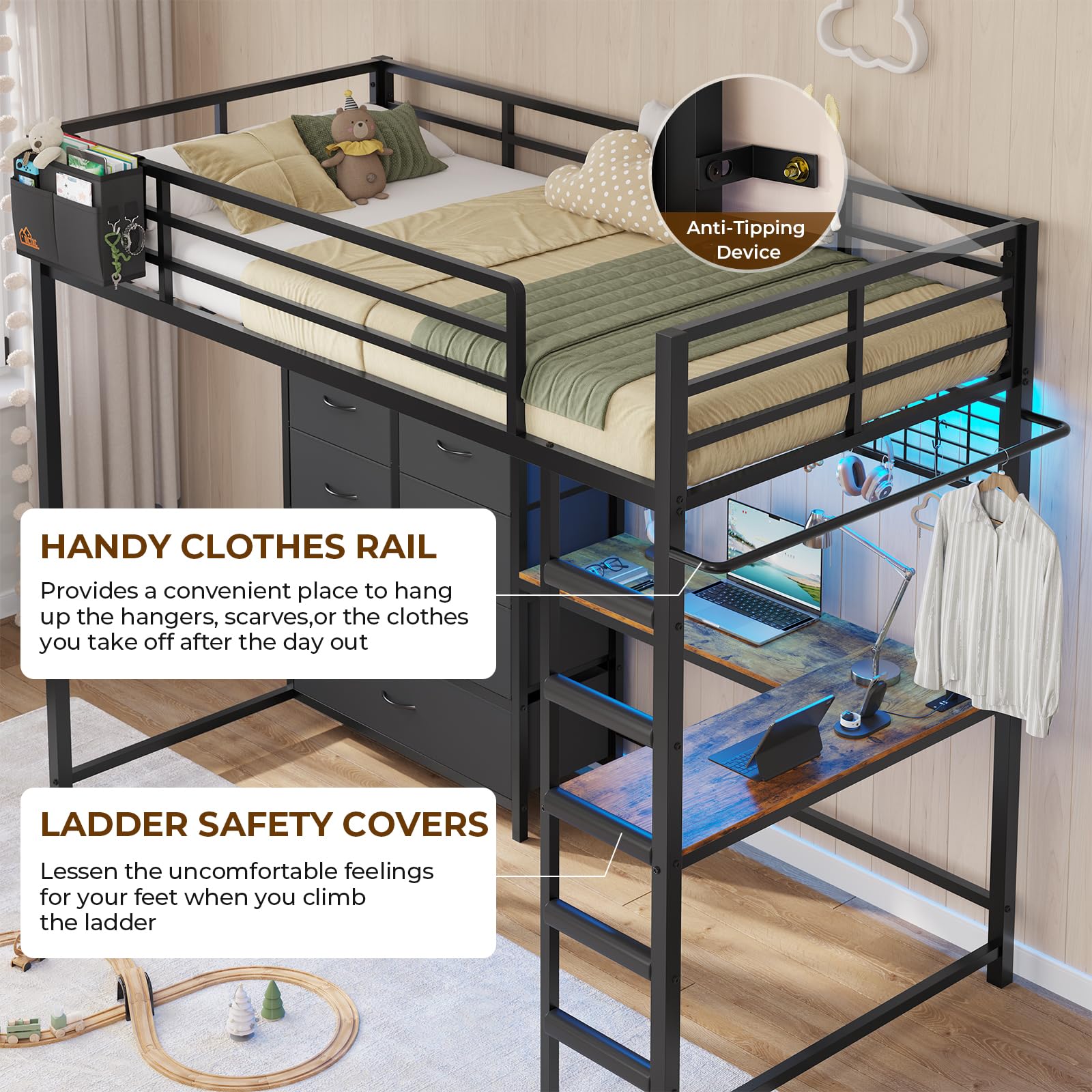 Twin Loft Bed with L-Shaped Desk and Storage Drawers