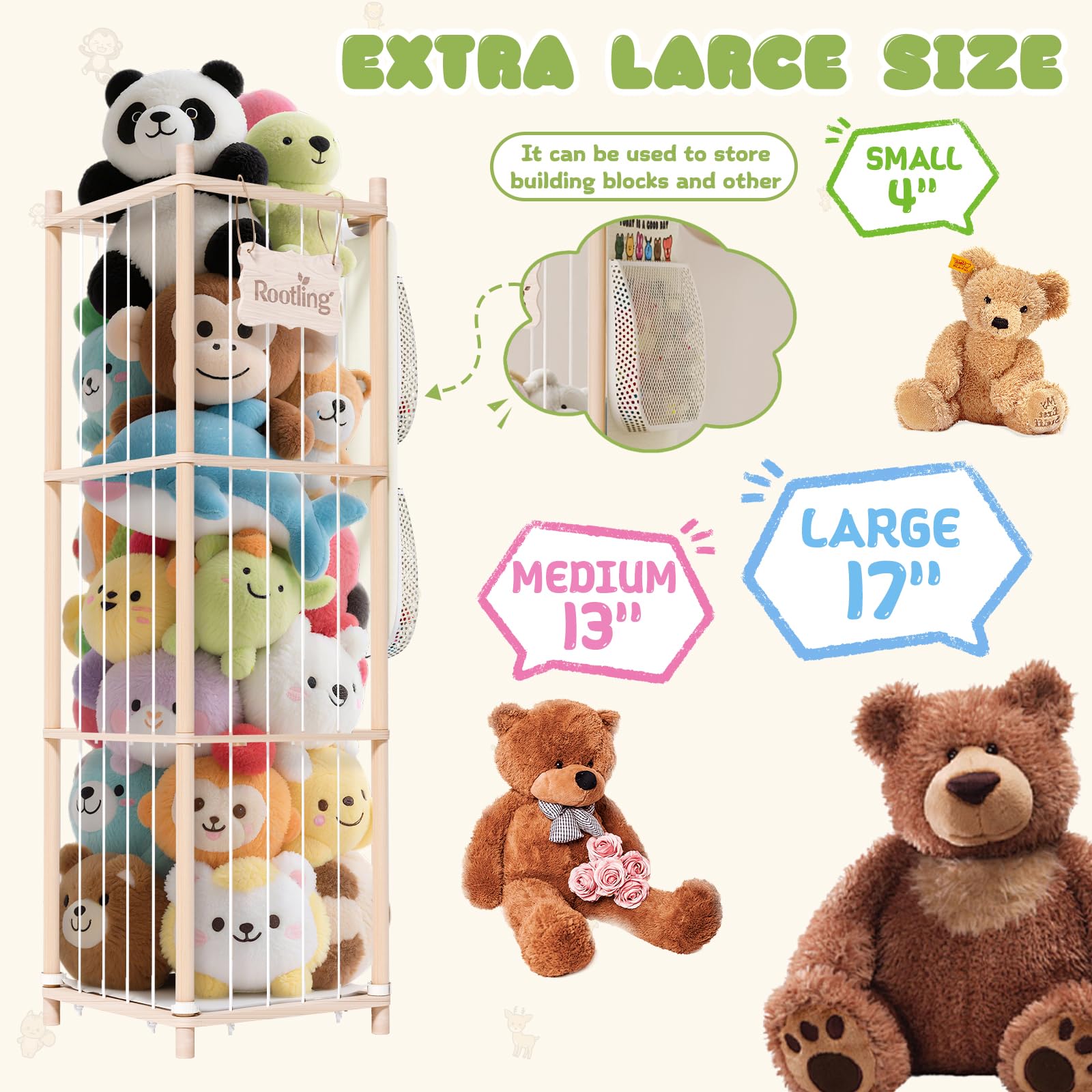 Wooden Stuffed Animal Storage Organizer with Building Block Bag