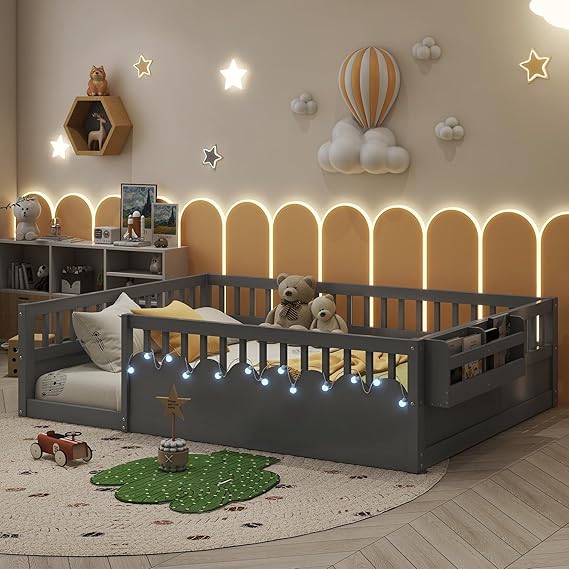 Floor Bed for Kids, Full Size Montessori Beds with High Fence Railings