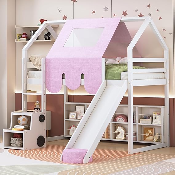 Twin Size Loft Bed with Slide, Wooden Twin House-Shaped Frame with Ladder