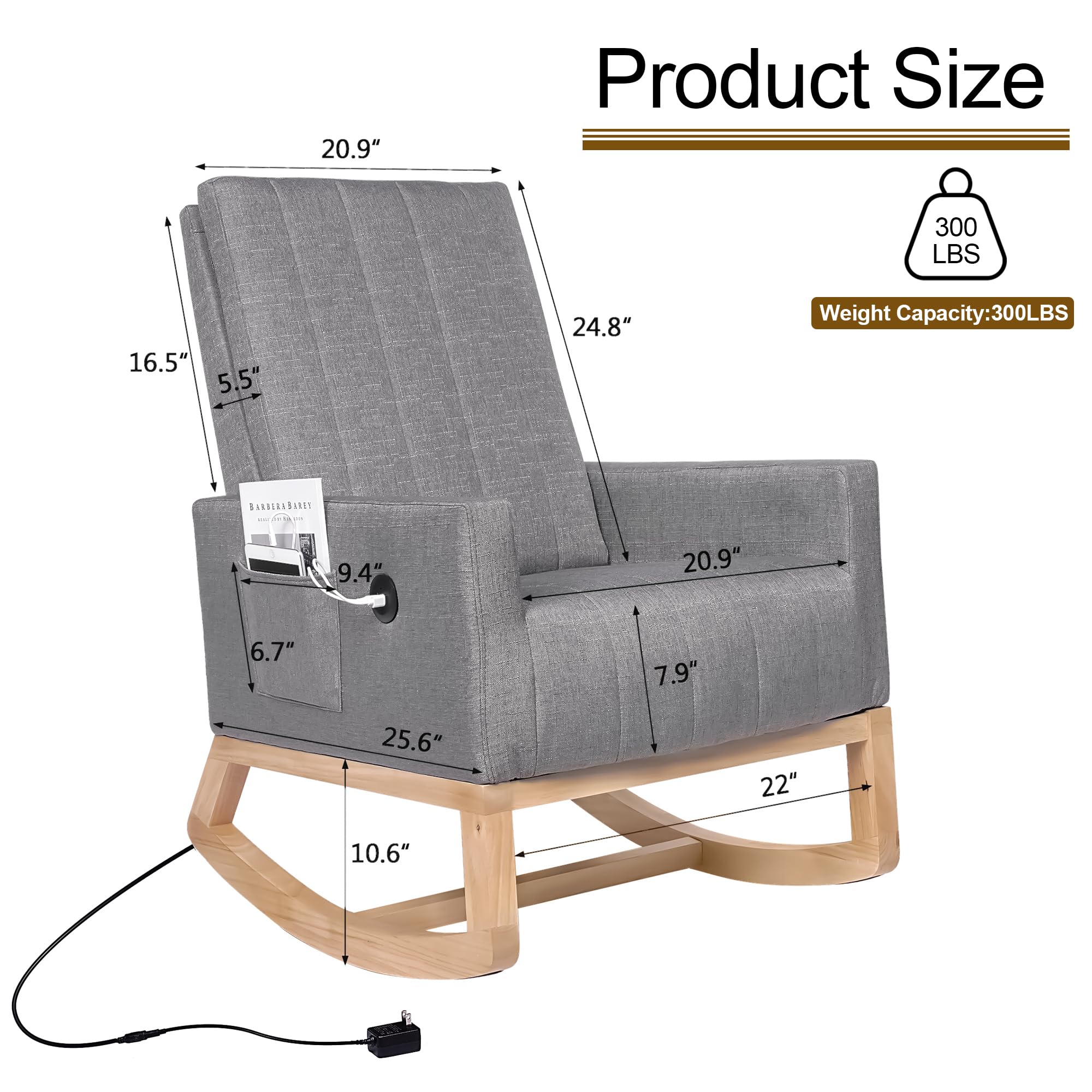 Upholstered Rocking Chair with USB Port and Side Pocket
