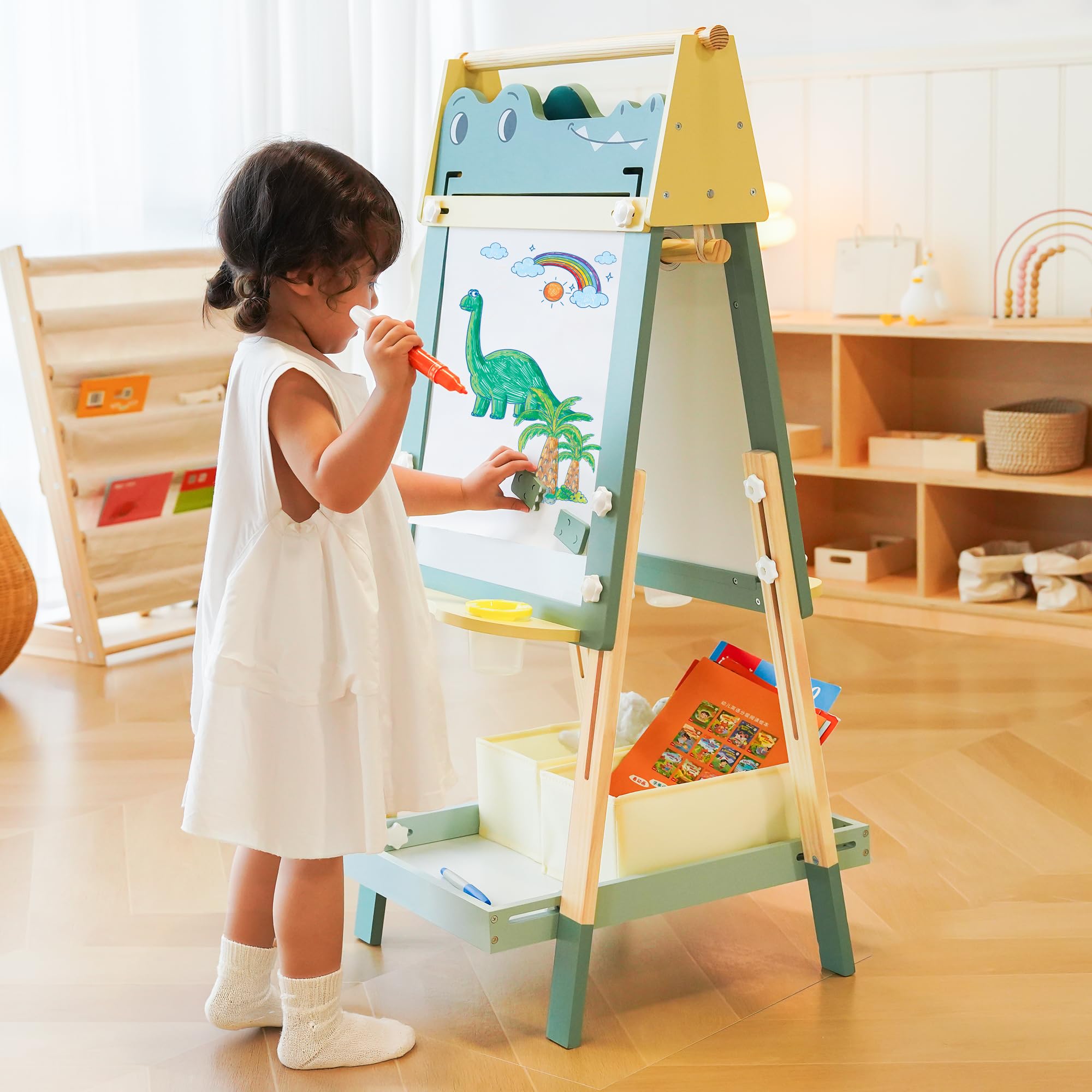 ROBOTIME Alligator Easel for Kids - 3-in-1 Adjustable Height Wooden Children Easel with Magnetic Whiteboard, Chalkboard & Paper Roll Holder, Fun Kid's Art Station for Boys & Girls Ages 3~12 Years