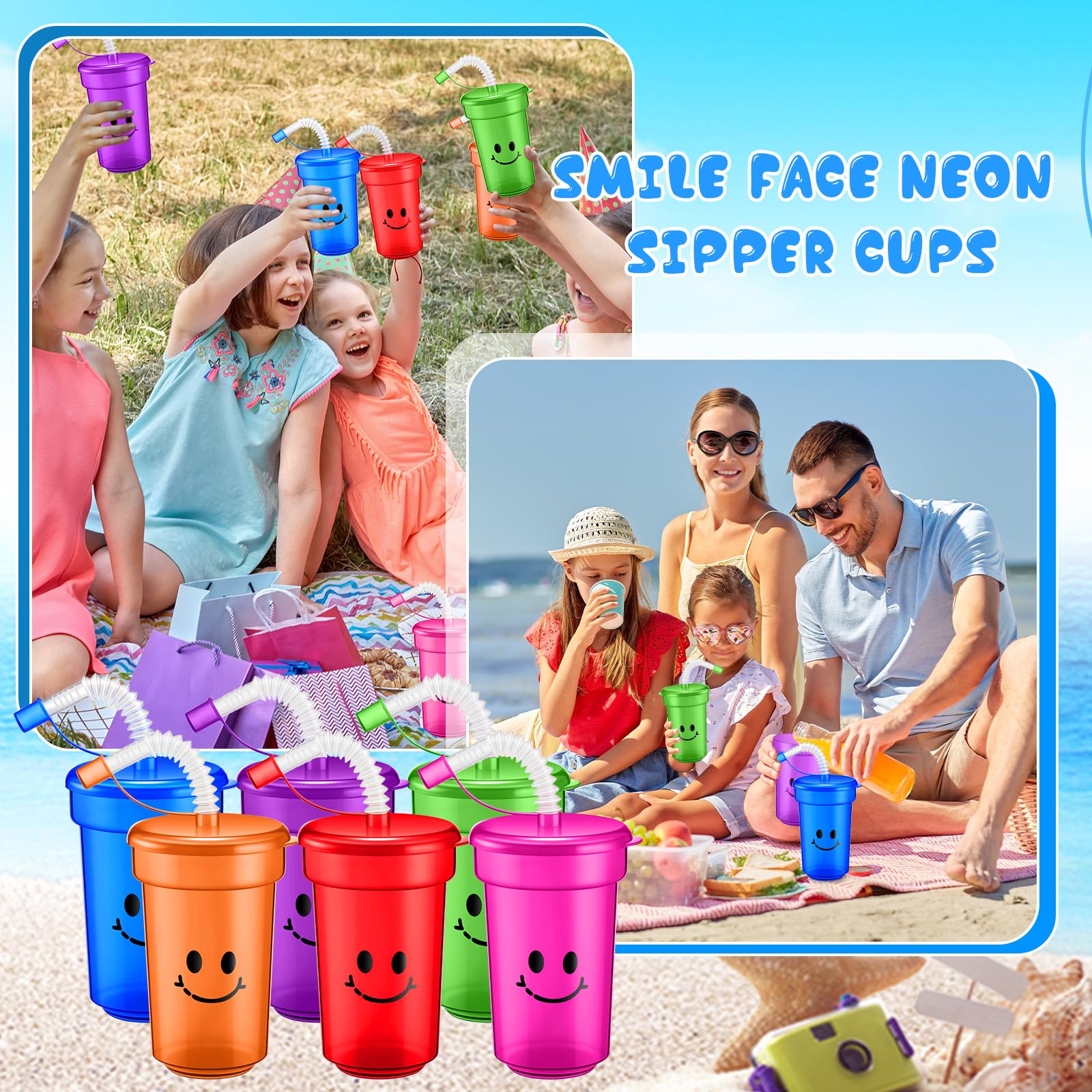 12 oz Neon Cups Bulk Laugh Face Neon Colorful Plastic Cups Back