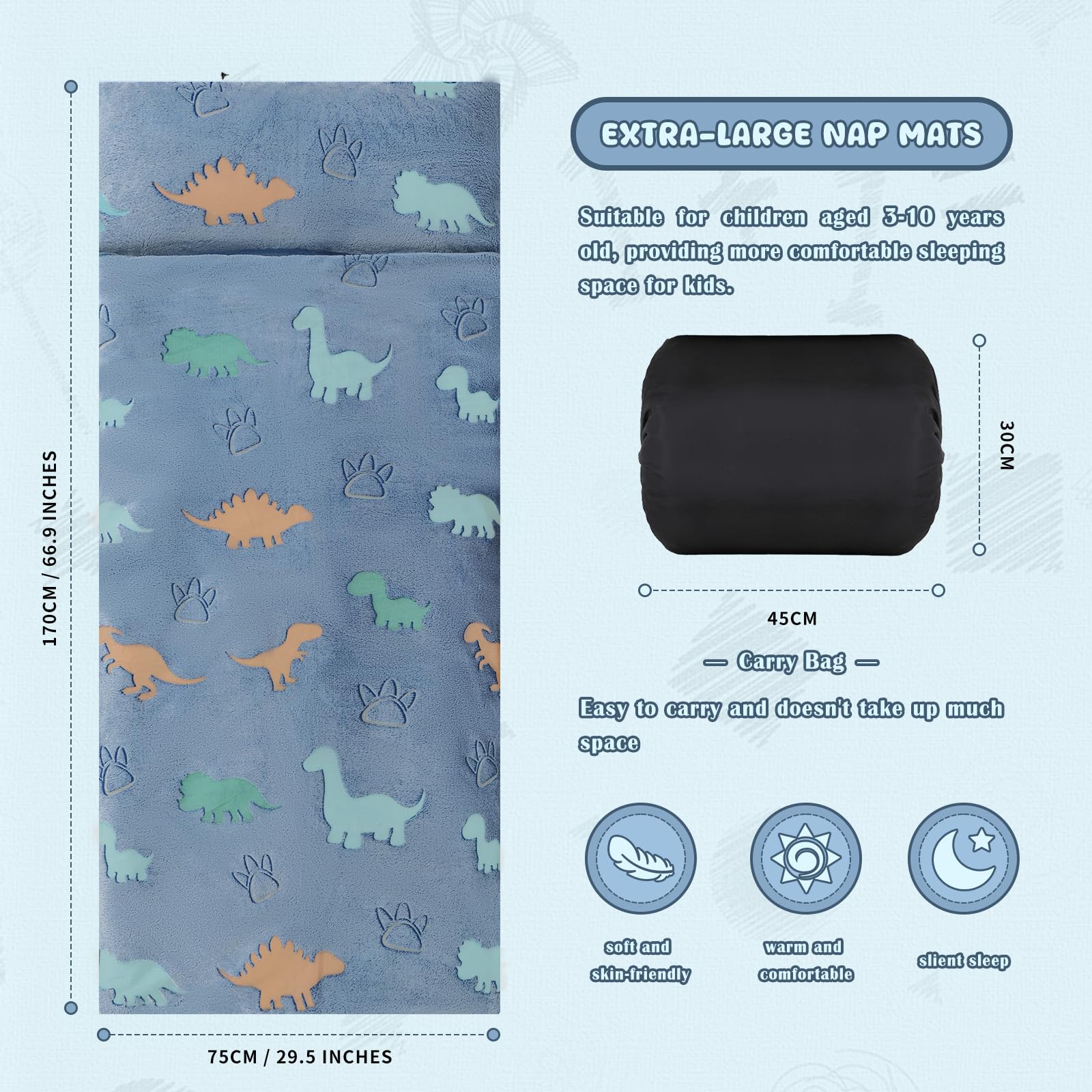 Kids Sleeping Bag Soft Plush Glowing Toddler Nap Mat with Pillow for Boys Girls Large Sleeping Mat for Daycare Preschool Kindergarten