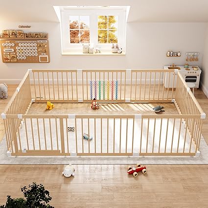Large Wooden Baby Playpen - Size Adjustable Fence for Babies and Toddlers