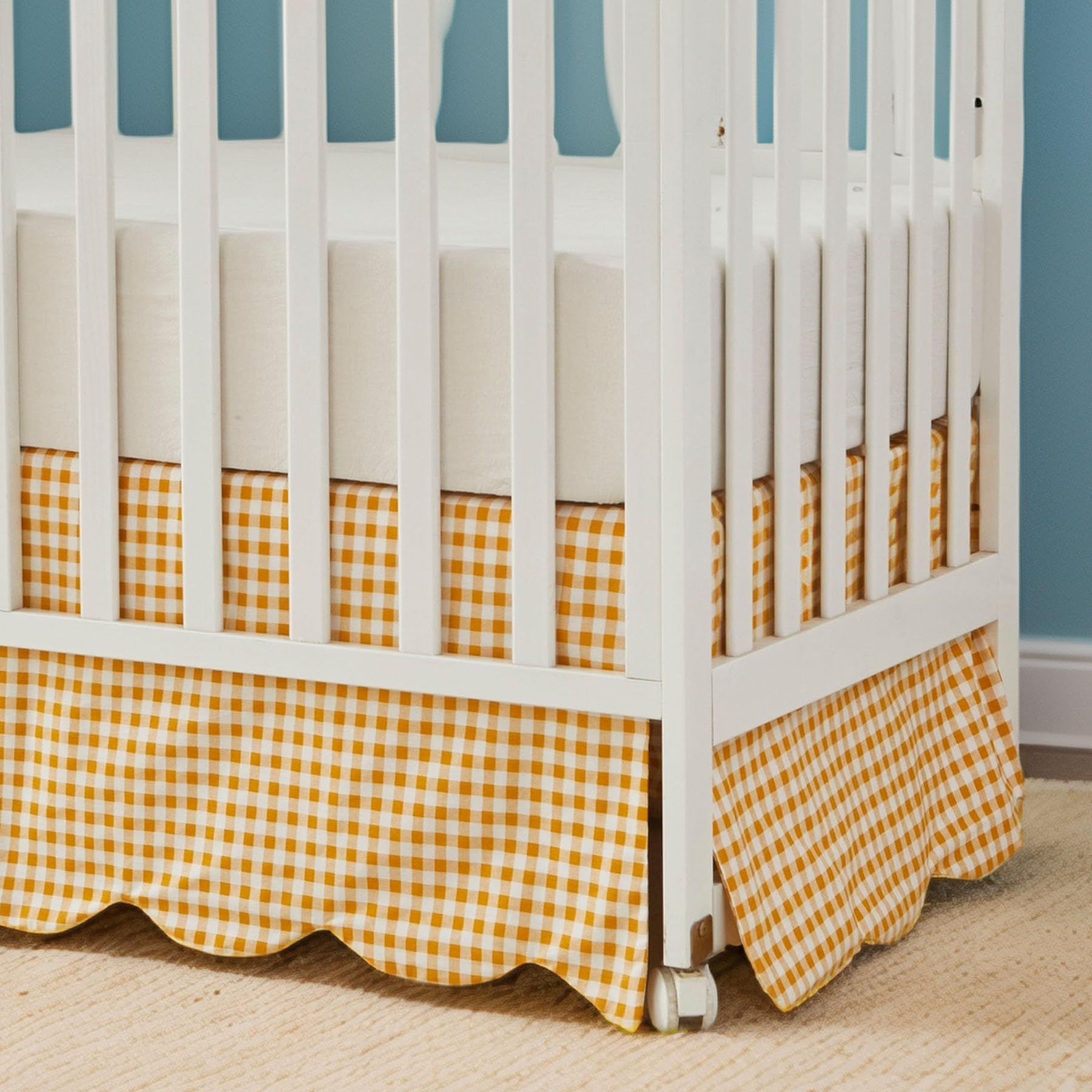 Brandream Scallop Edge Cotton Crib Skirt, Baby Boy, Baby Girl, Gender Neutral Crib Skirt Toddler Bedskirt Farmhouse Chic Nursery Crib Bed Skirt, Boho Bohemian Solid Yellow Gingham
