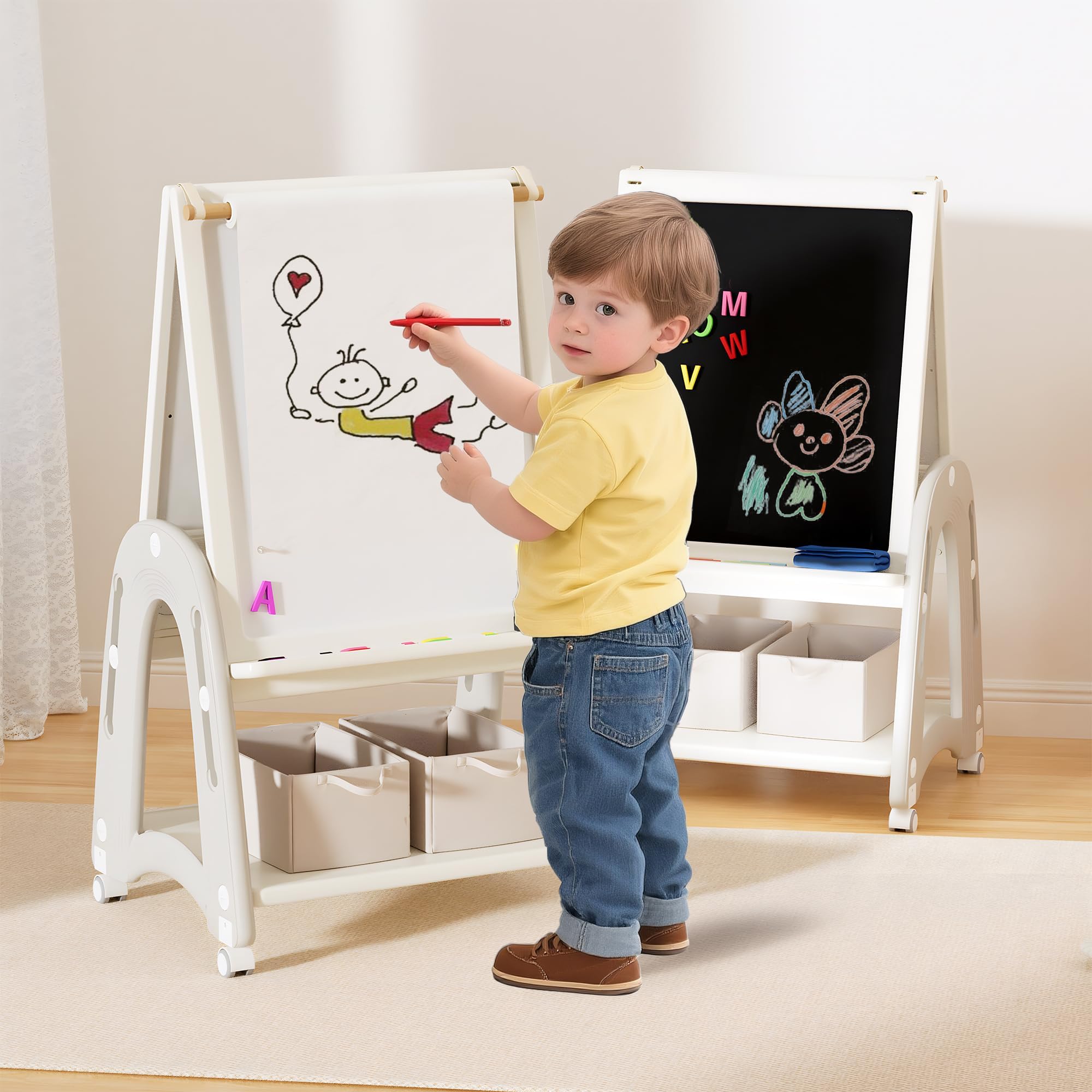 Art Easel for Kids 2-4 with Wheels, Whiteboard, Chalkboard & Paper Roll