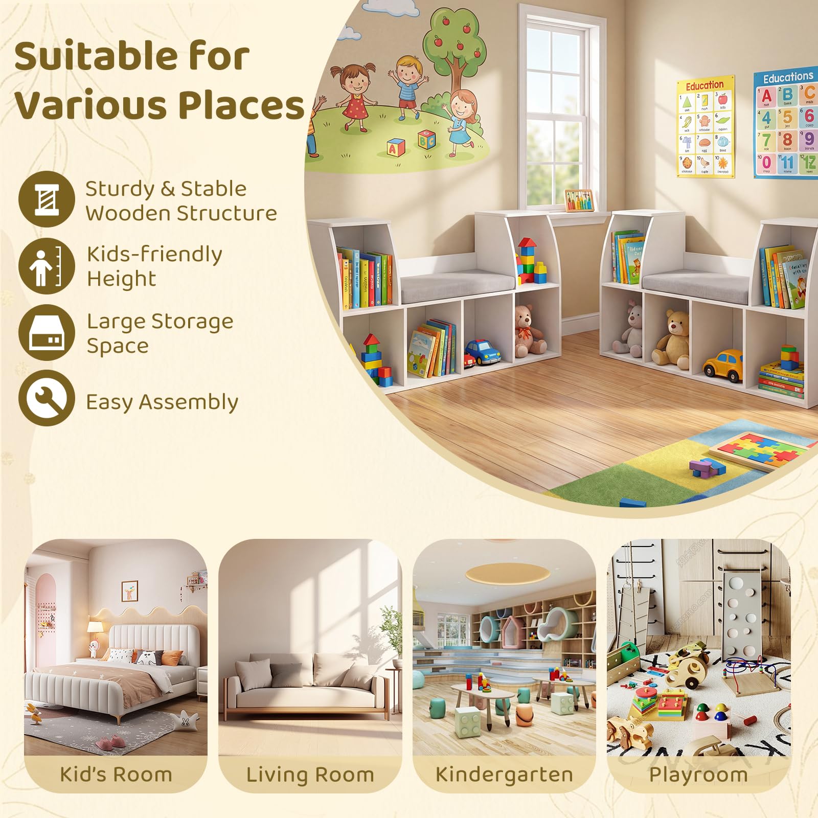 Kids Bookshelf with Reading Nook and Storage Bench