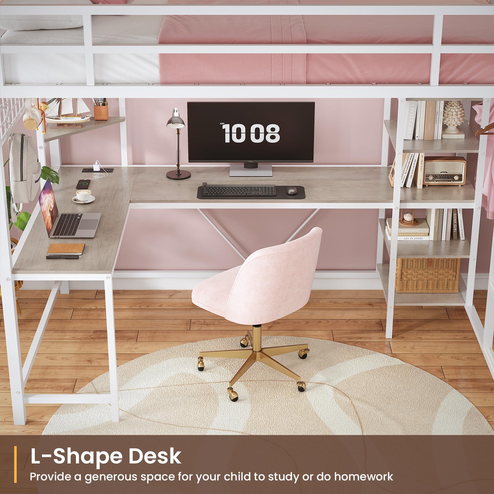 Twin Loft Bed with L-Shaped Desk and Charging Station