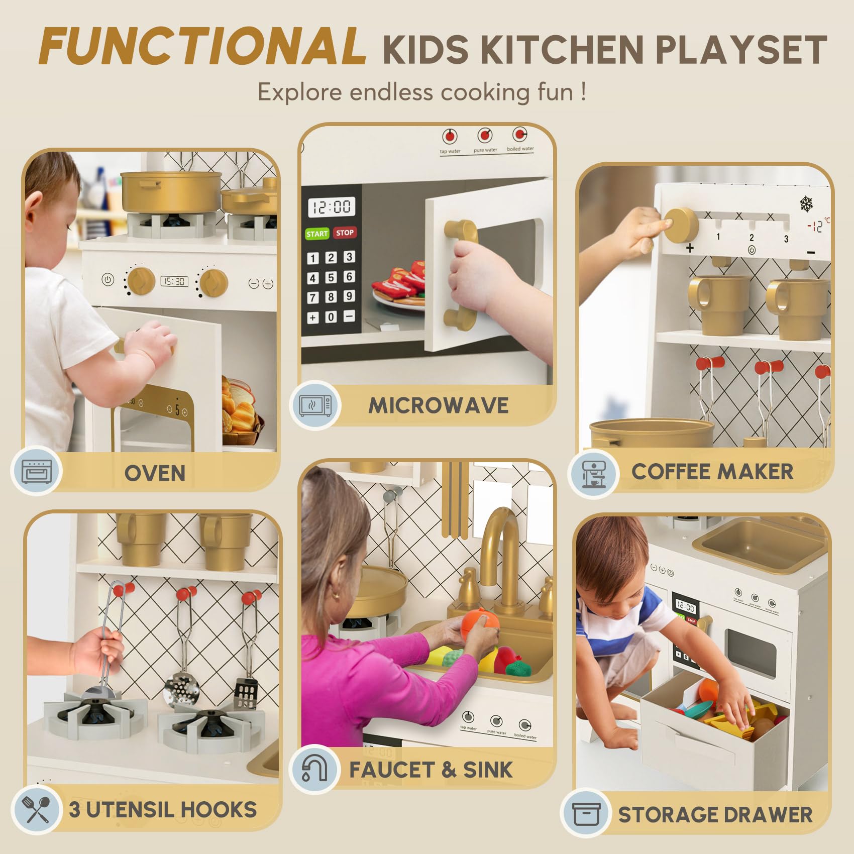 Wooden Play Kitchen with Lights and Sounds for Toddlers