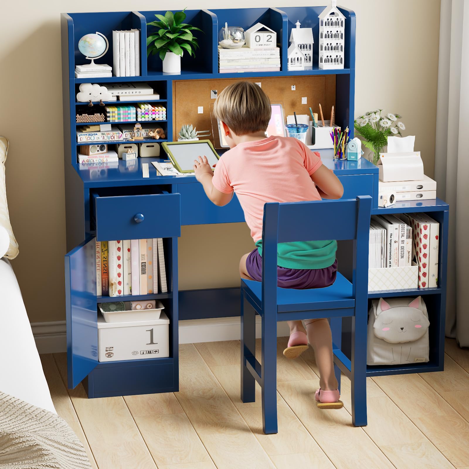 Kids Wooden Desk and Chair Set with Storage