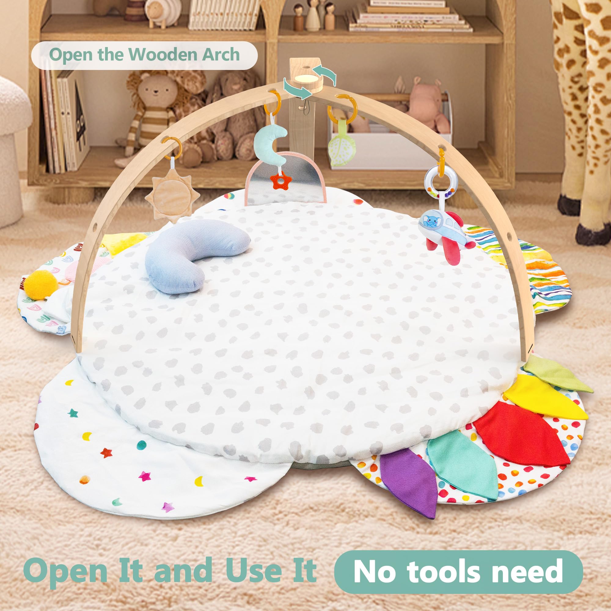 Wooden Baby Play Gym Activity Mat with Sensory Toys