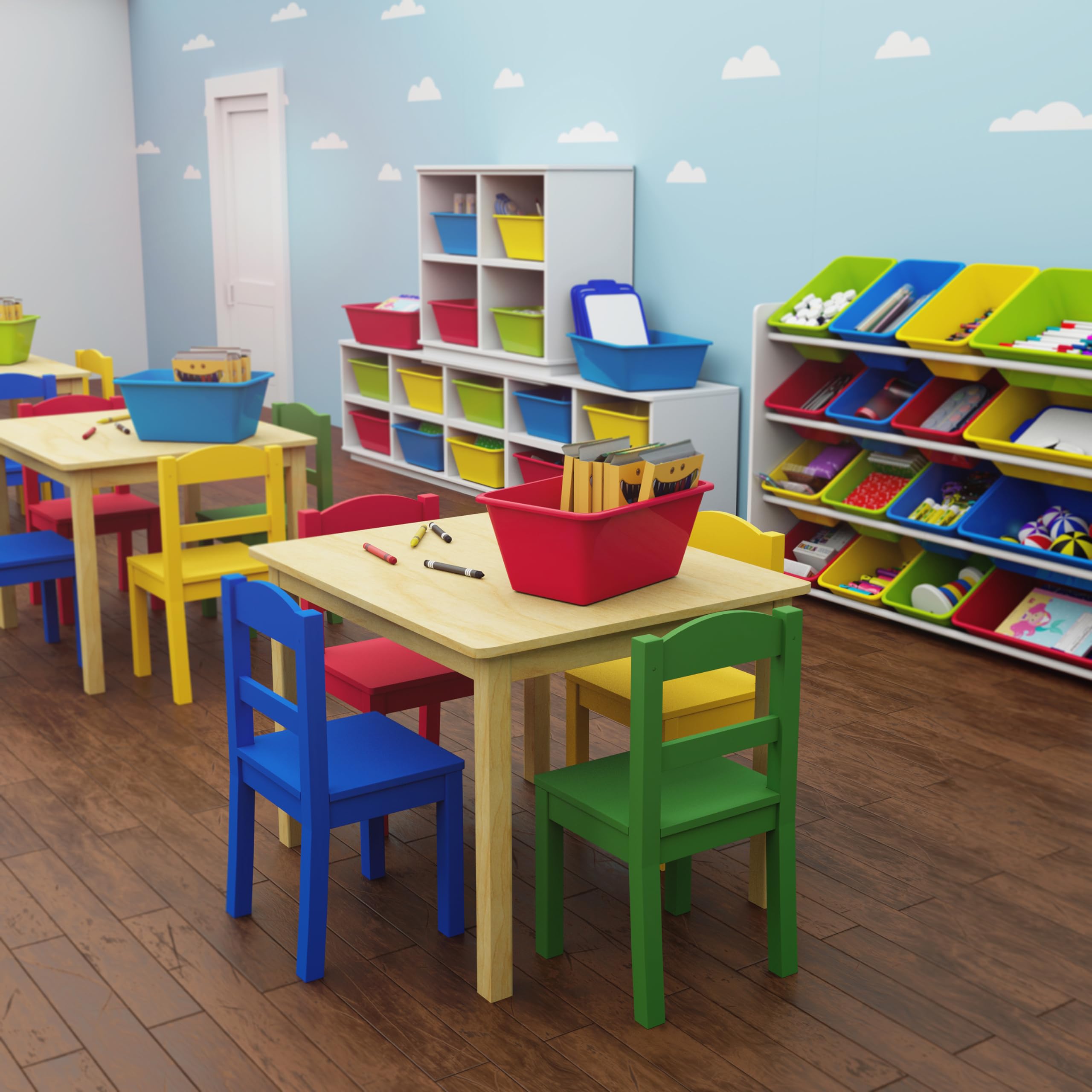 Kids Wooden Table and 4 Chairs Set, Natural/Primary - Kids Table and Chair Set