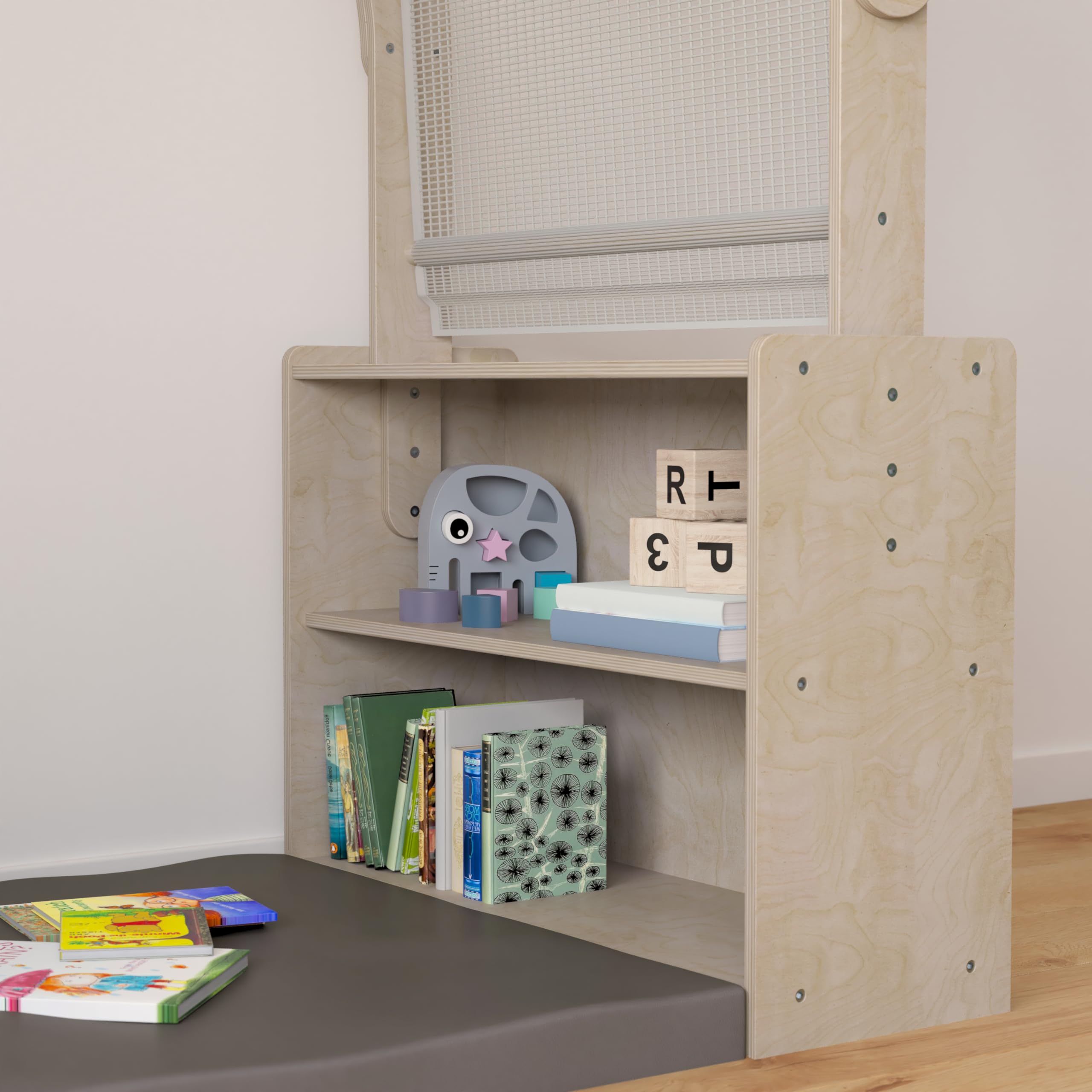 Wooden Reading Nook with Storage Shelves and Canopy