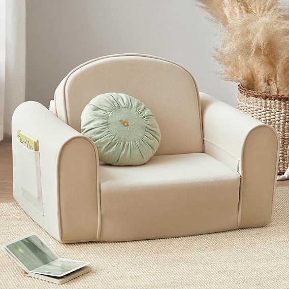 2-in-1 Foldable Kids Couch with Pockets – Soft Thick Toddler Sofa