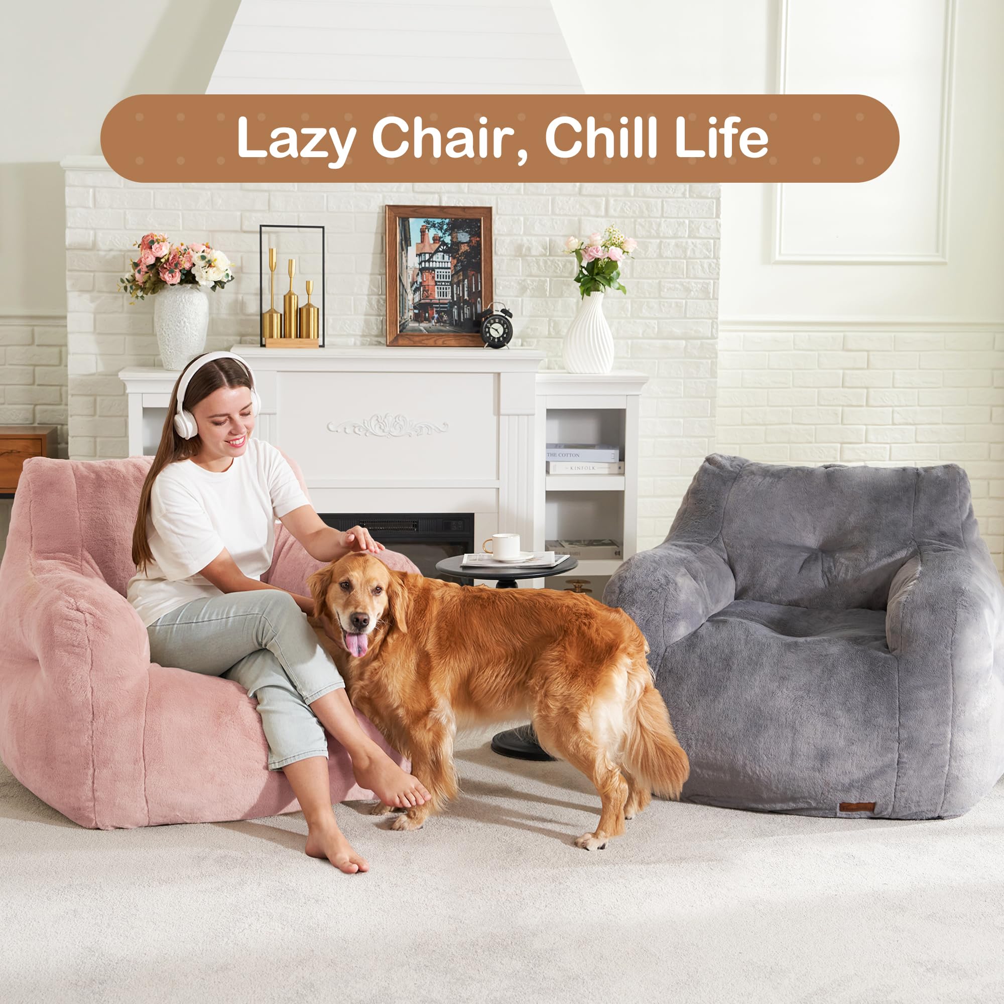 Small Pink Furry Bean Bag Chair with Arms