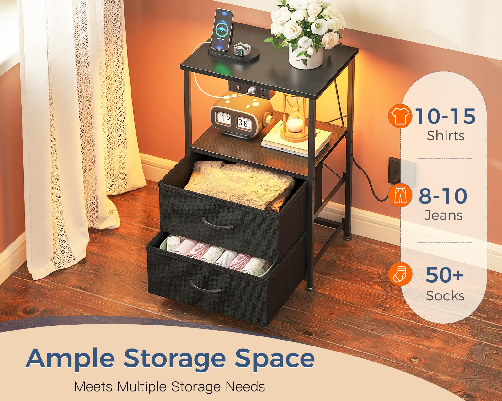 Casaottima Night Stand with Charging Station and LED Lights, End Table for Bedroom with 2 Fabric Drawers, Small Nightstand with Storage Shelf, Bed Side Bedside Table, Black
