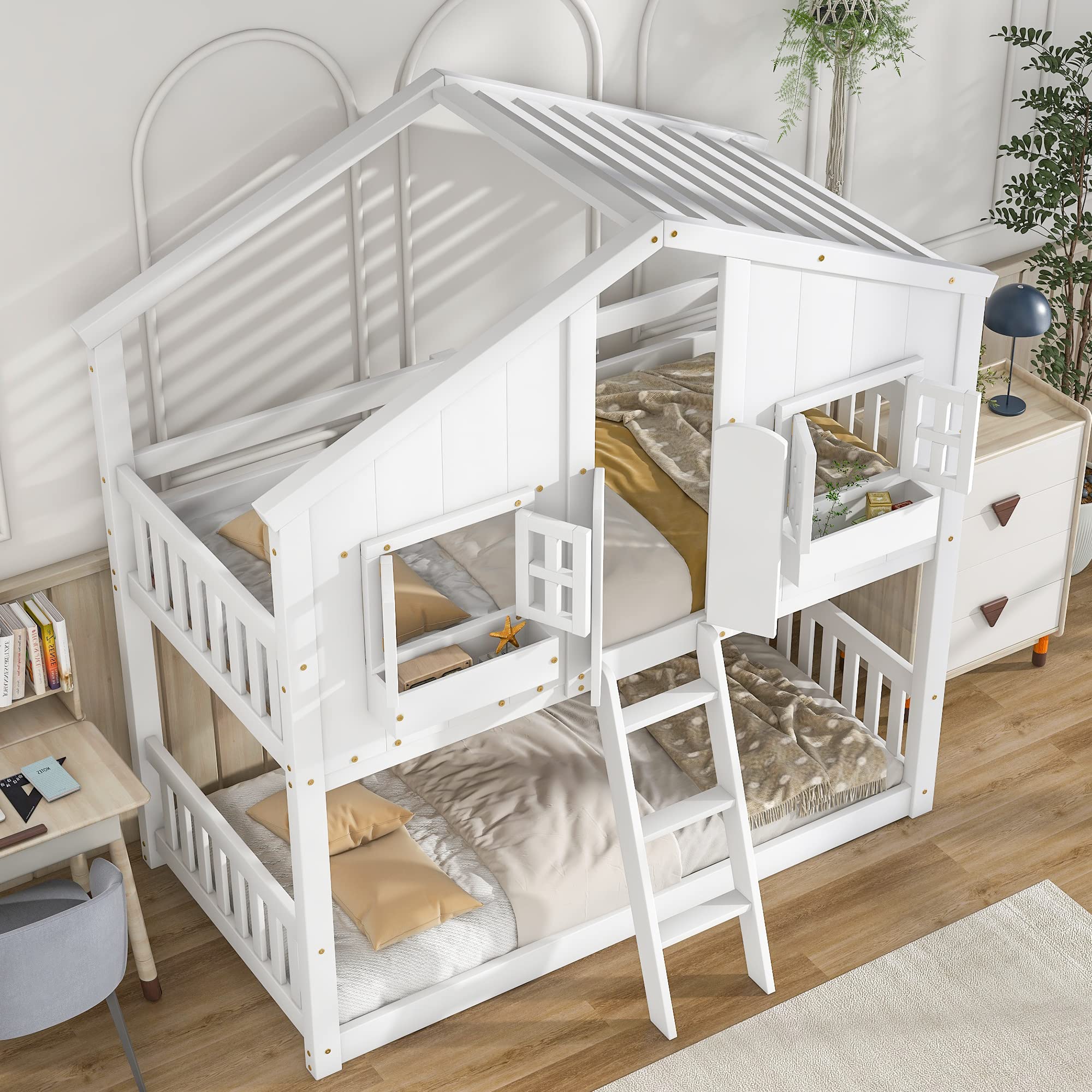 Designs House Bunk Bed Twin Over Twin for Kids, Wood Bunk Beds with Roof