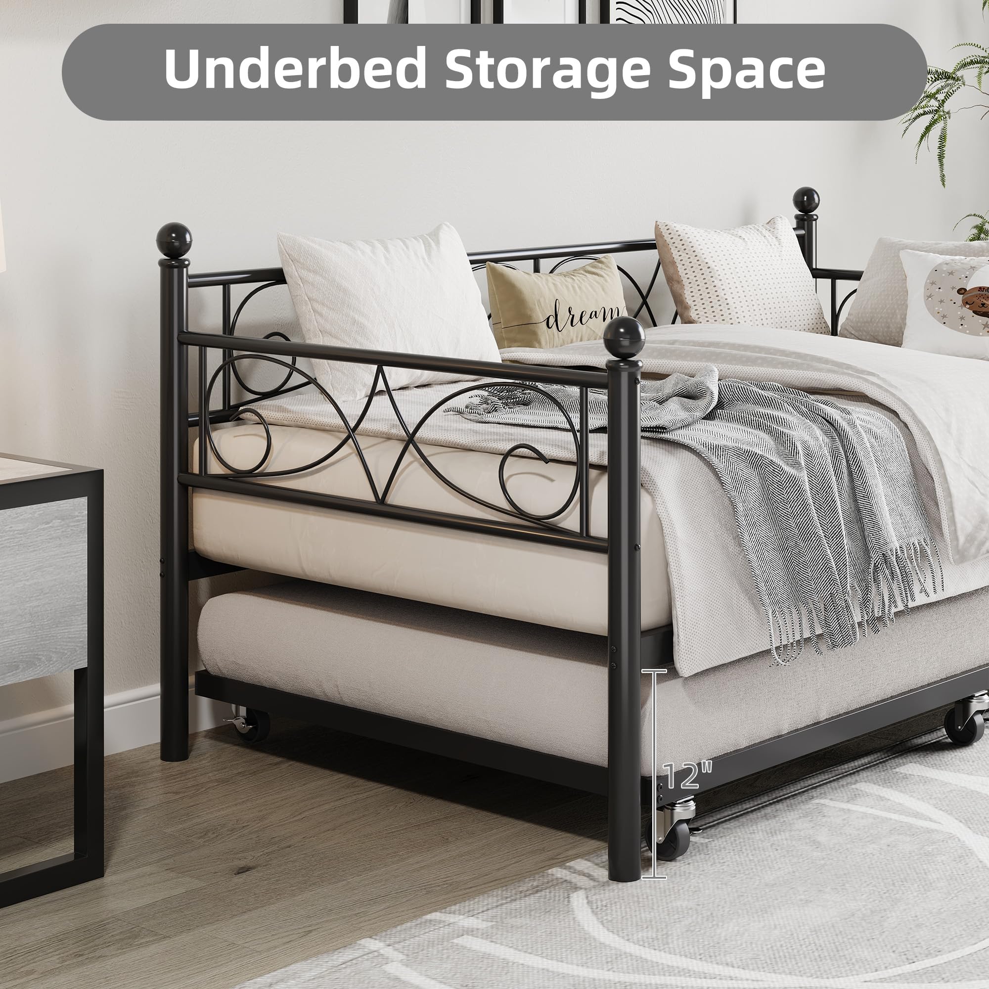 Twin Daybed with Trundle and Floral Metal Headboard