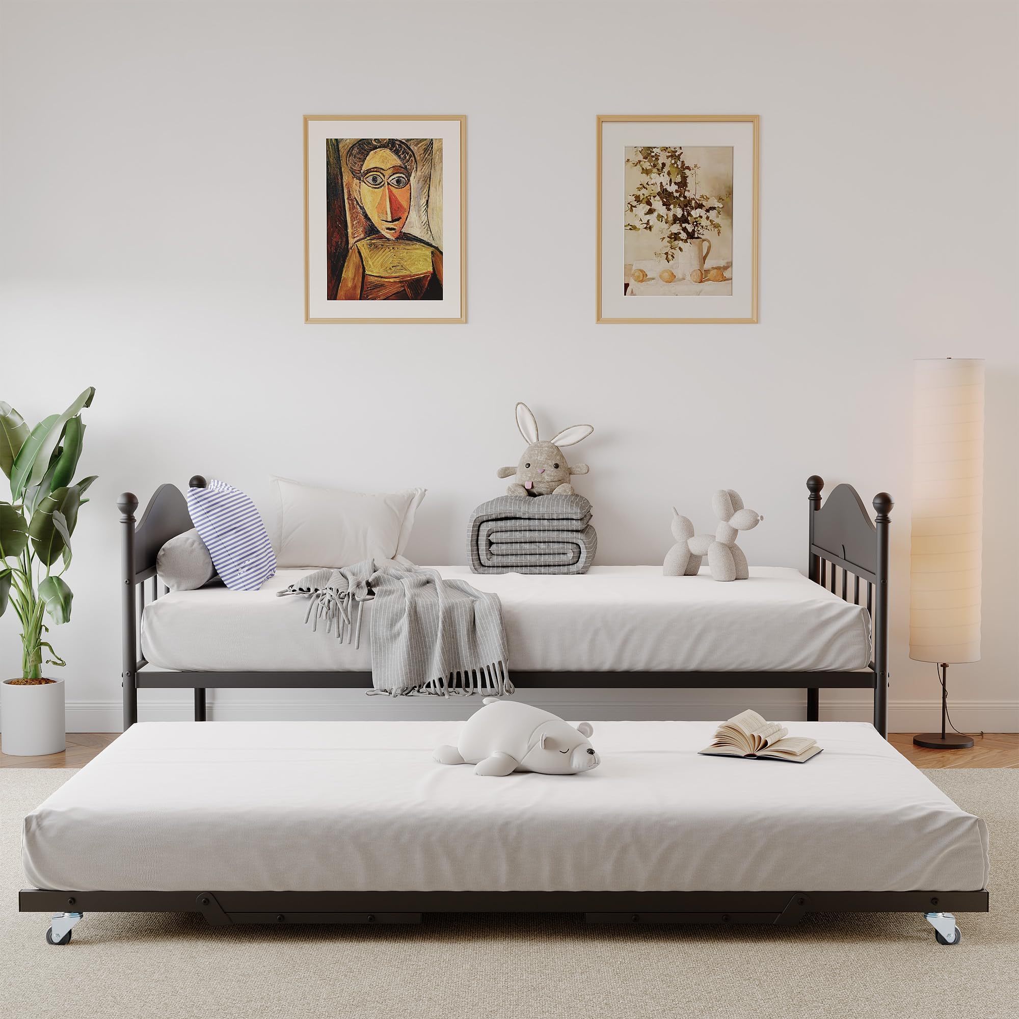Daybed with Trundle, Metal Twin Size Day Bed with Stylish Headboard, Sofa BedFrame with Pop Up Foldable Trundle Bed, Heavy Duty Steel Slats Platform for Living Room, Bedroom and Guest Room, Black
