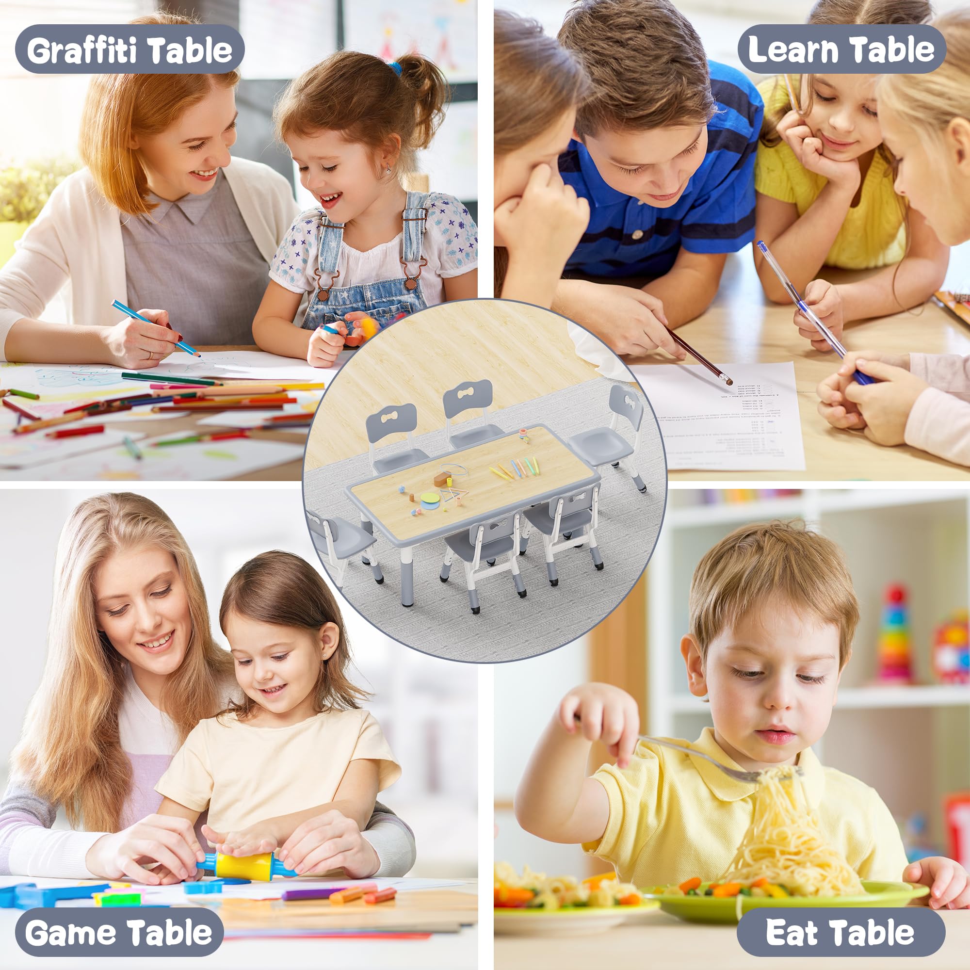 Height Adjustable Kids Table and 6 Chairs Set with Graffiti Desktop for Ages 2-8