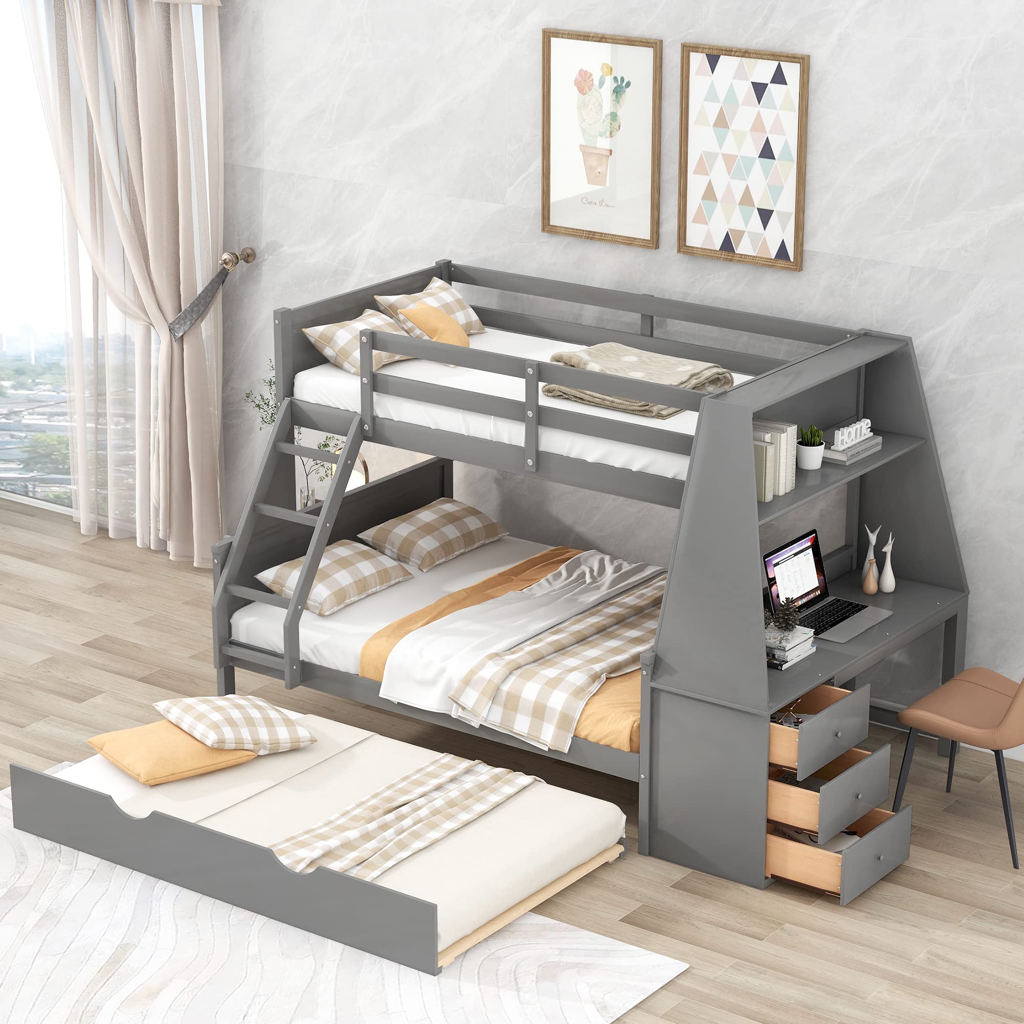 Twin Over Full Bunk Bed with Trundle and Desk