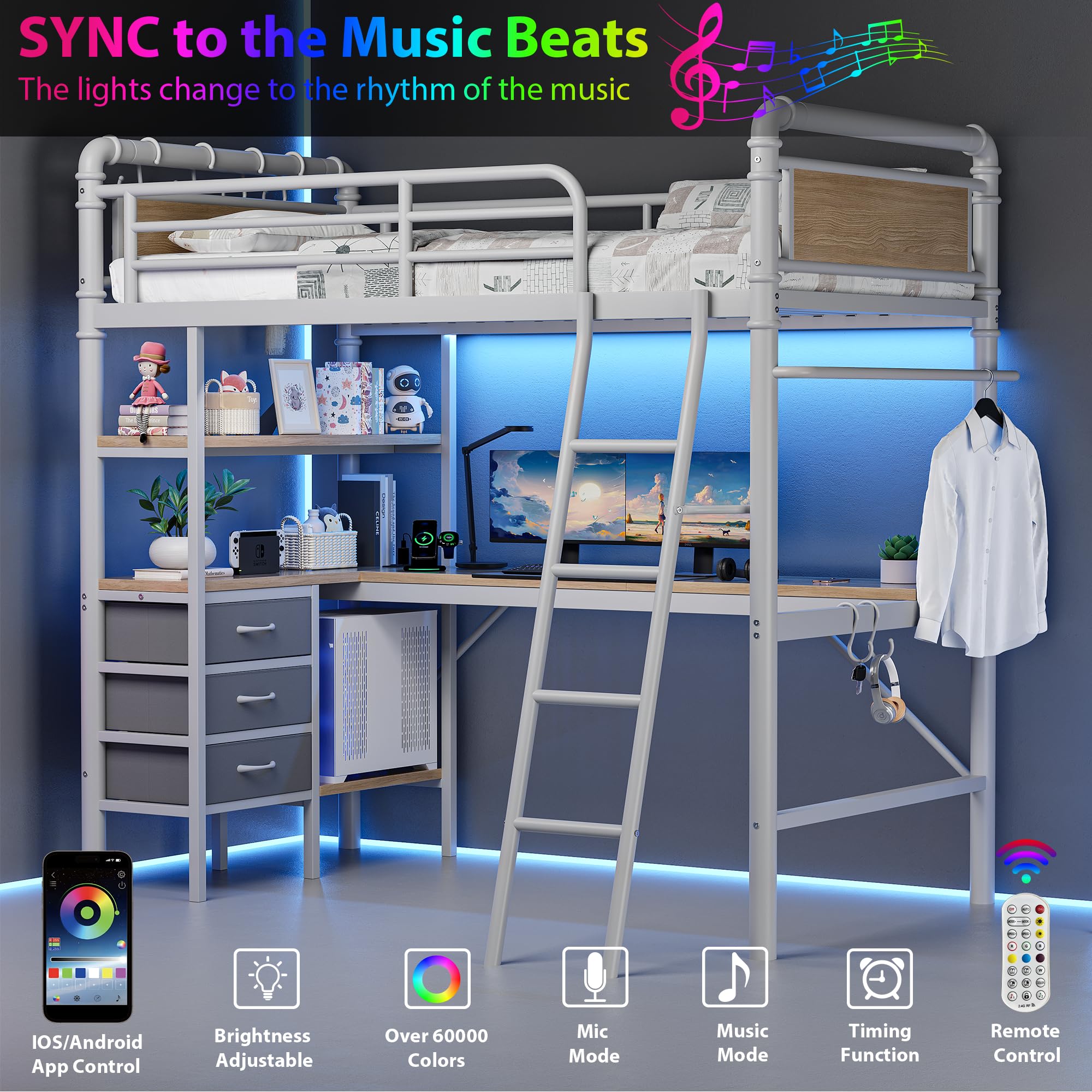 Twin Loft Bed with Desk and LED Lights