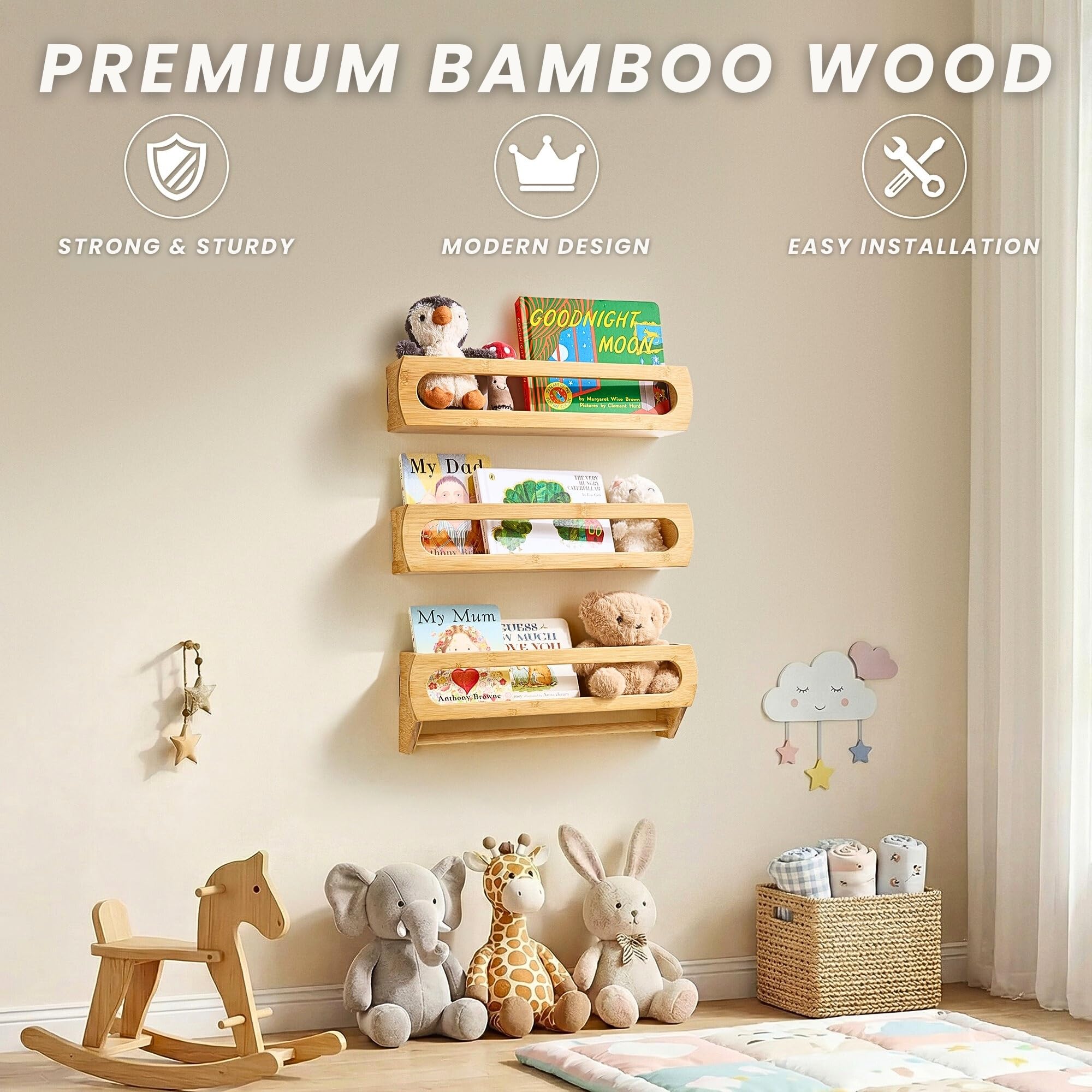 Premium Bamboo Nursery Floating Shelves Set of 3 with Hanging Rod