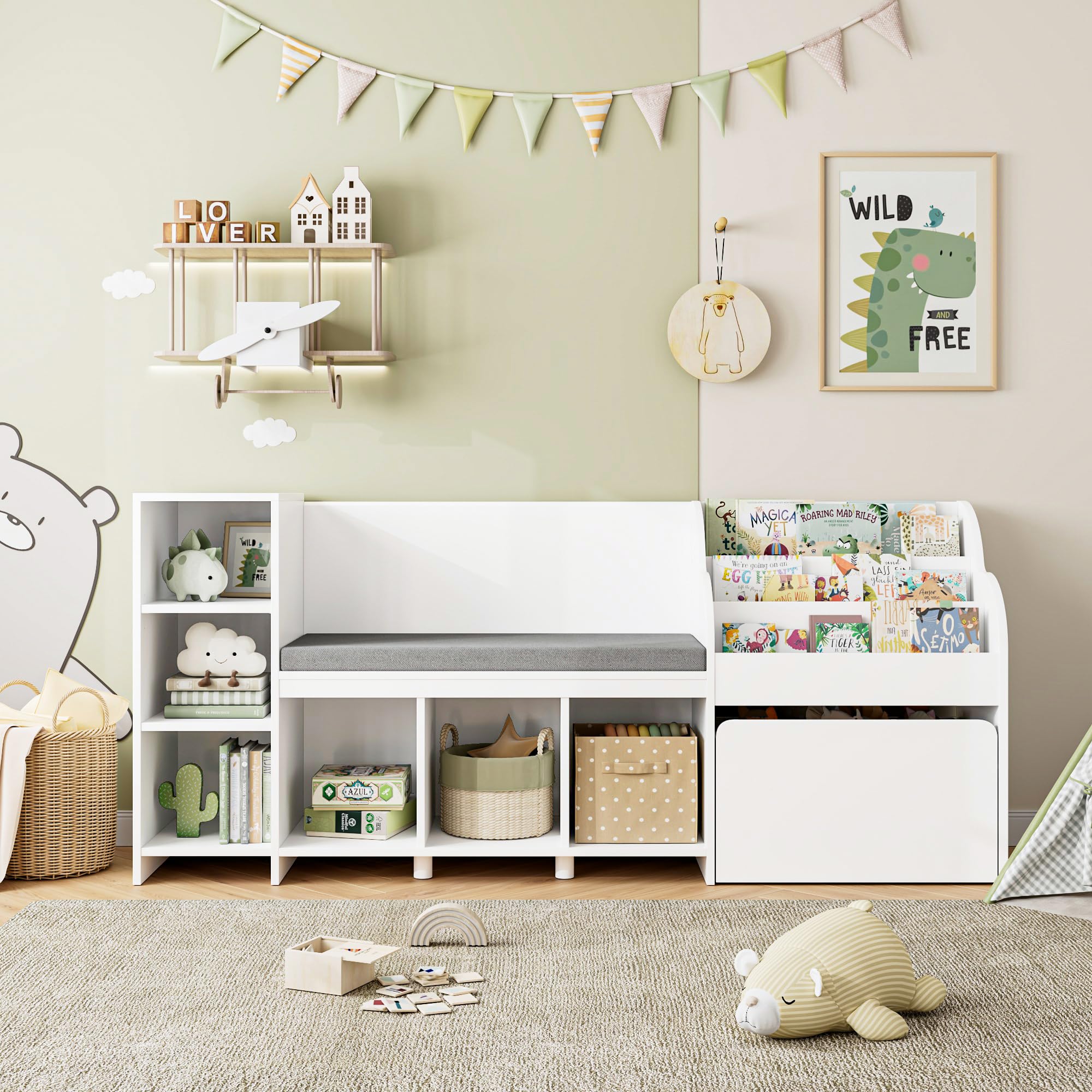 67" Kids Reading Nook with Bench, Kids Bookshelf and Bookcase s, Toy Storage Box on Wheels, Toy Chest for Playroom, Bedroom, School, White