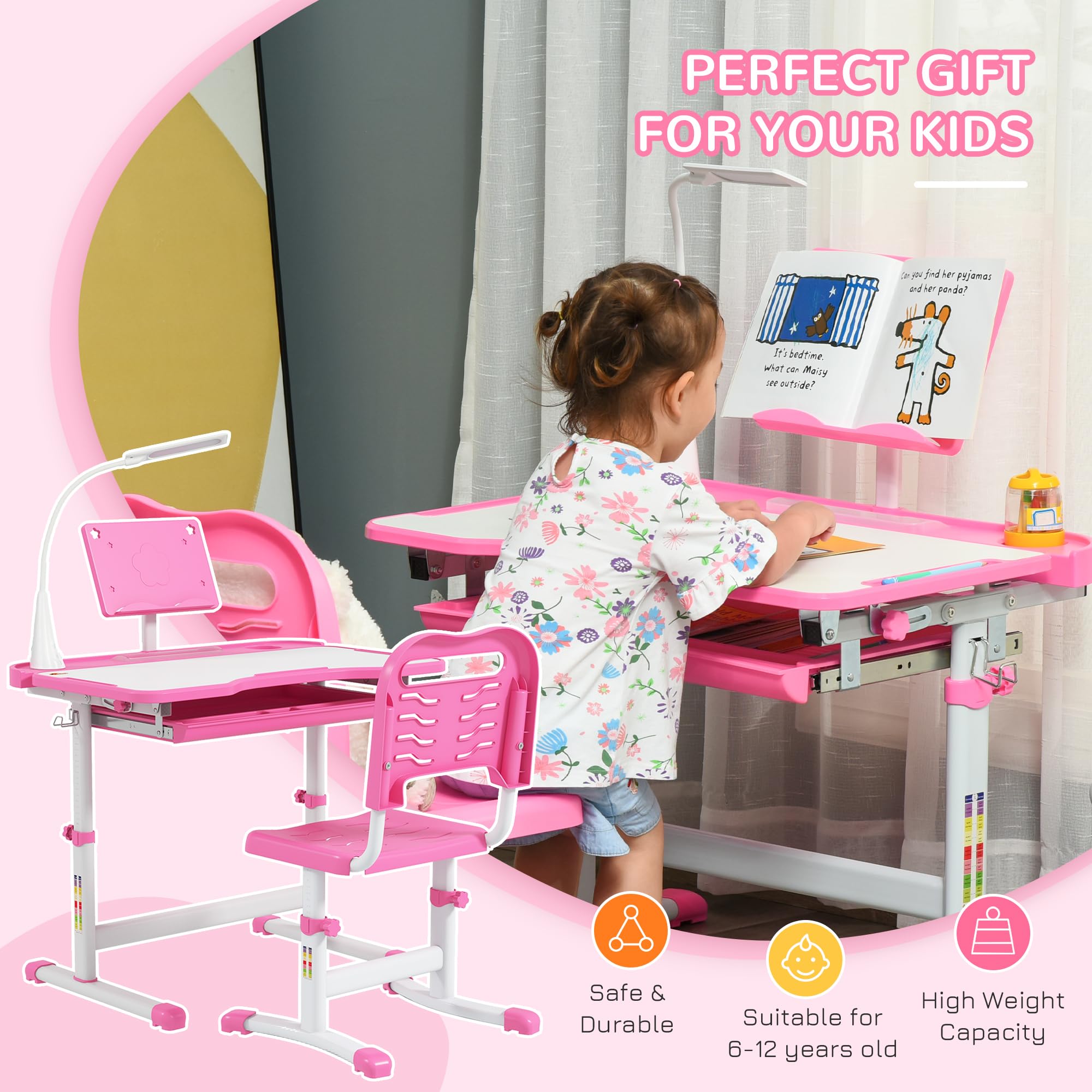 Height Adjustable Kids Desk and Chair Set with LED Lamp