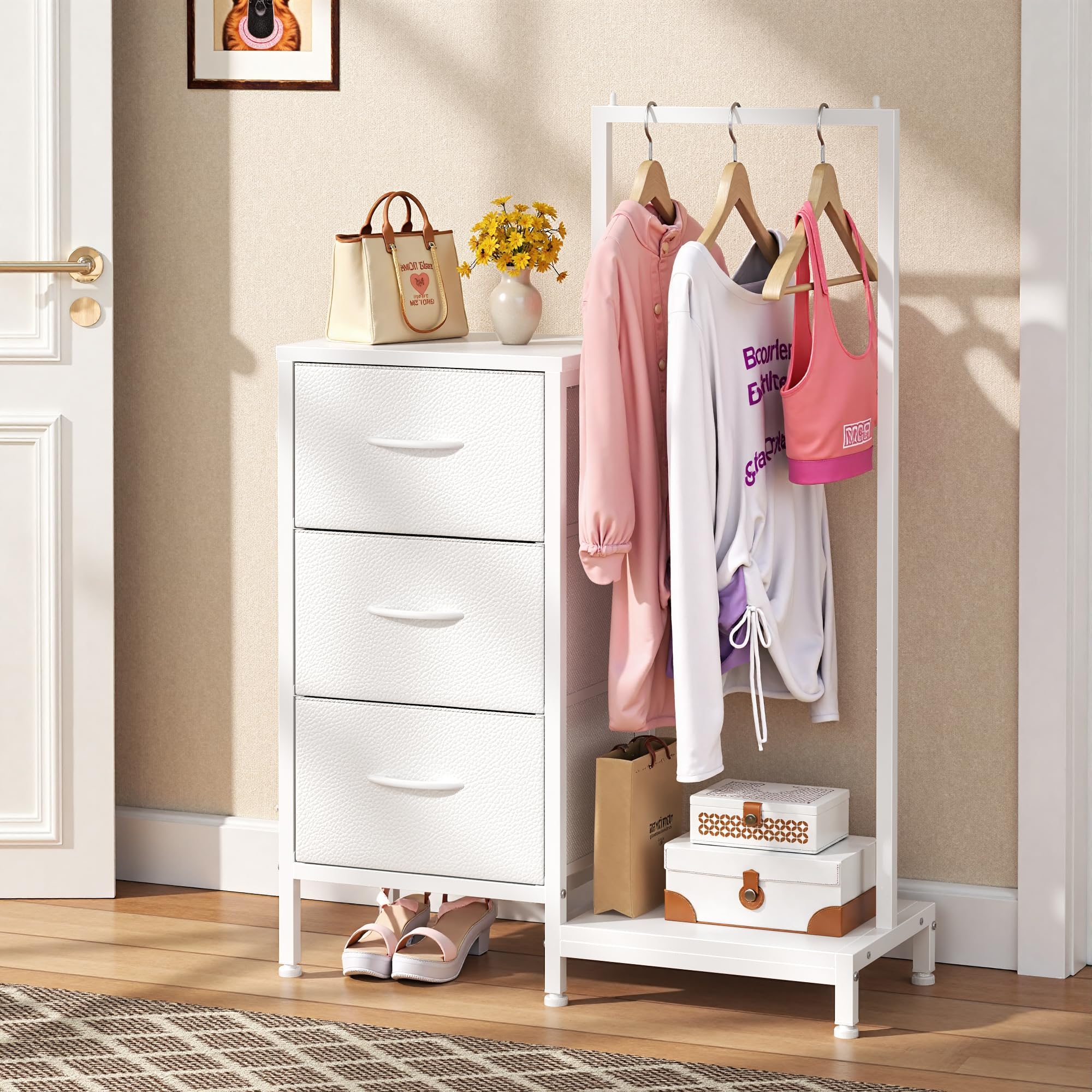 Dresser for Bedroom with Hanging Rack, 3 Drawers Dresser for Bedroom - White