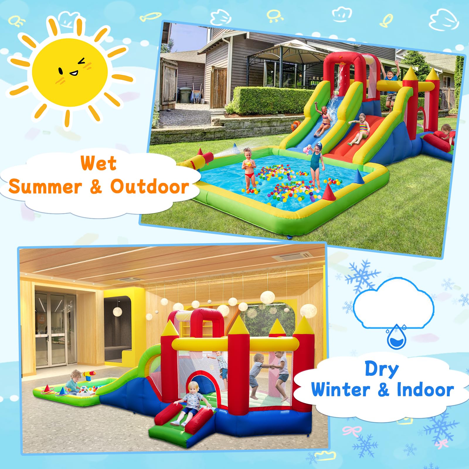 10-in-1 Inflatable Water Park with Dual Slides