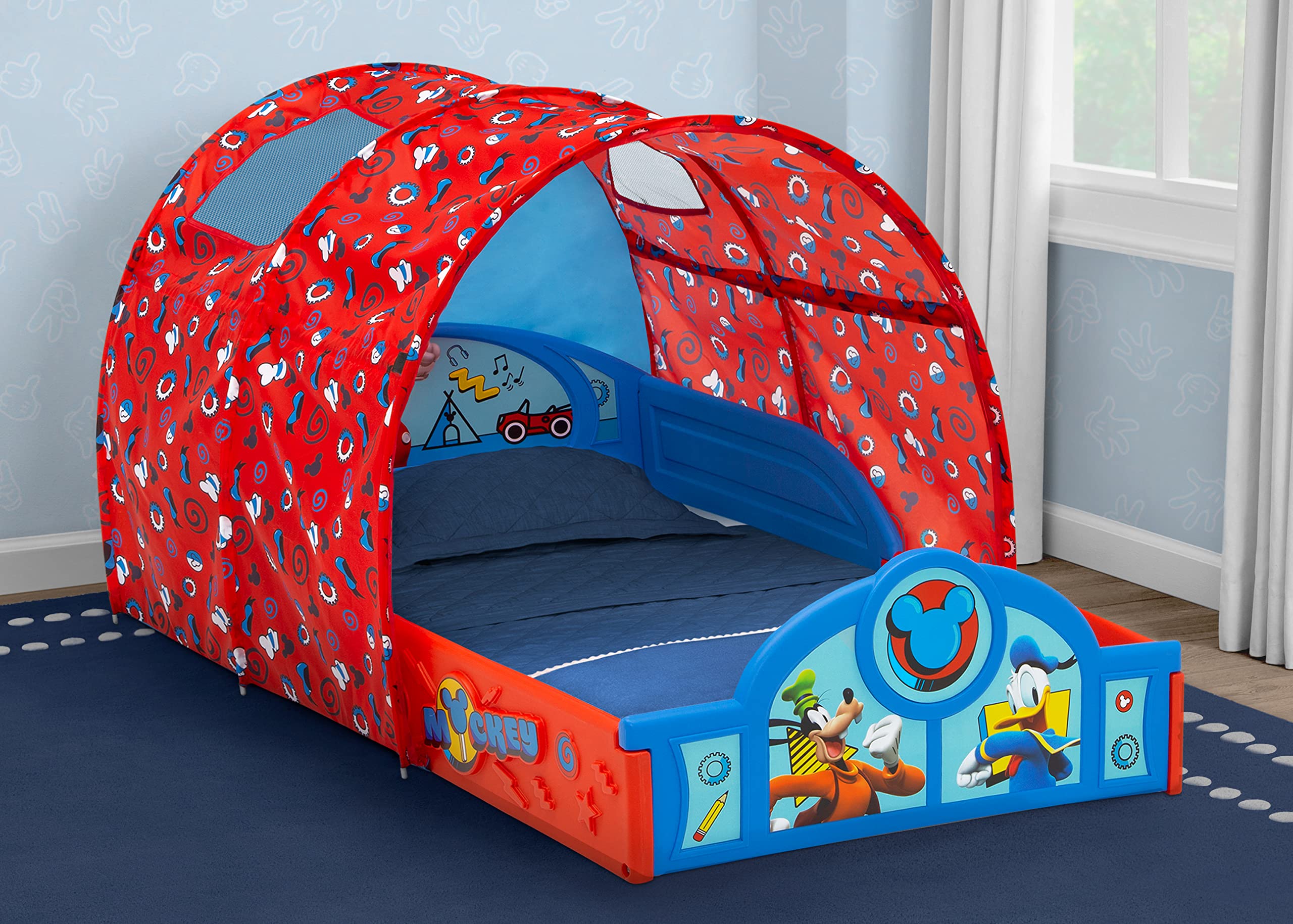 Disney Mickey Mouse Sleep and Play Toddler Bed with Tent, Blue/Red