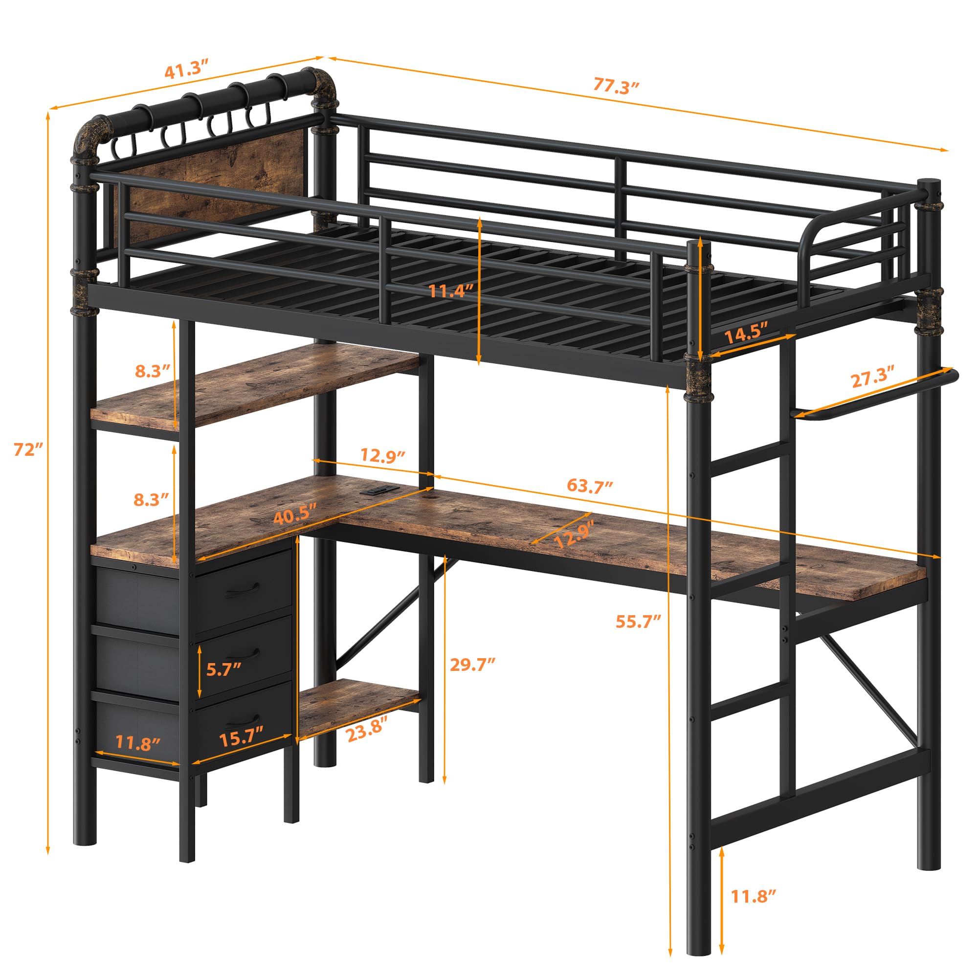 Twin Loft Bed with L-Shaped Desk and LED Lights