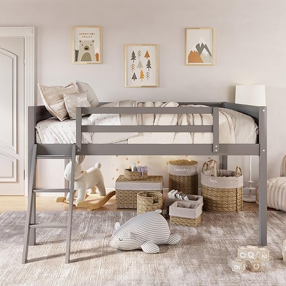 Low Loft Bed: Wooden loftBed with Ladder, Low Loft with Full Guardrail
