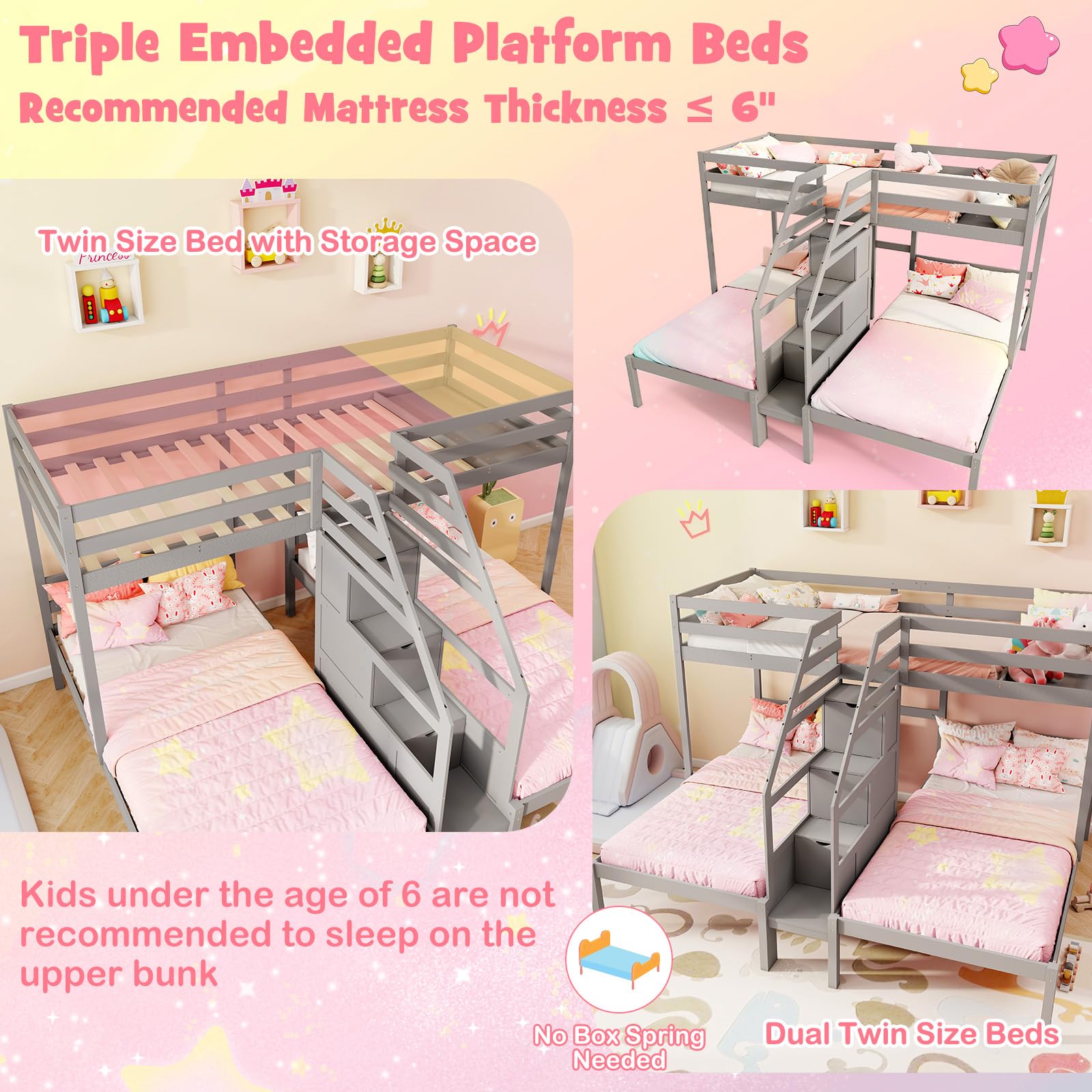 Triple Bunk Bed with Storage Staircase